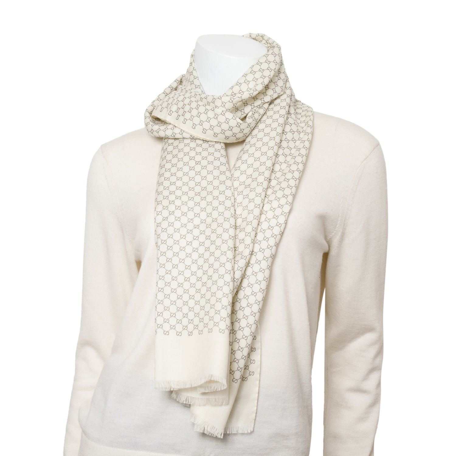 Gucci White Micro GG Jacquard Wool Silk Scarf