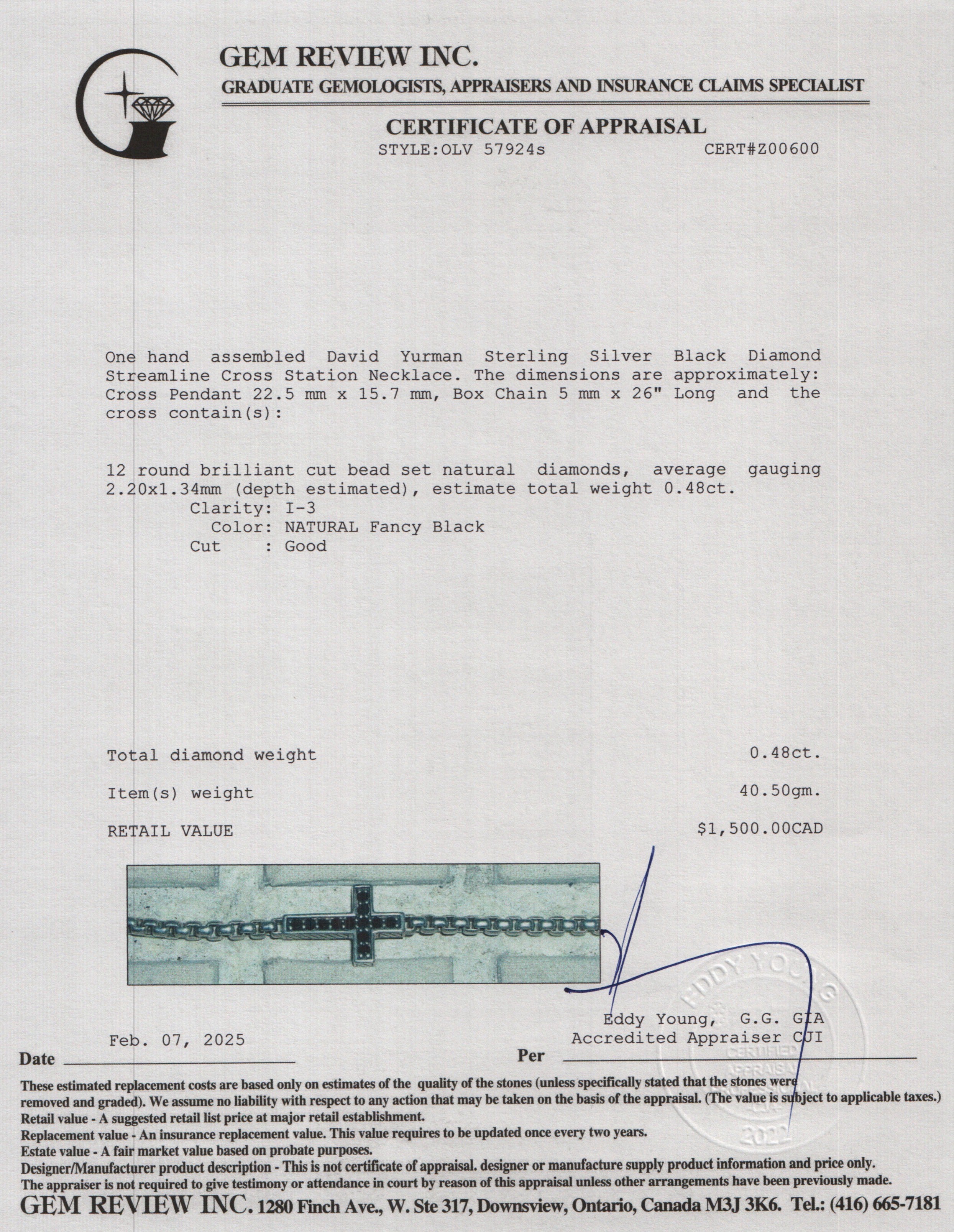 David Yurman Sterling Silver Black Diamond Streamline Cross Station Necklace