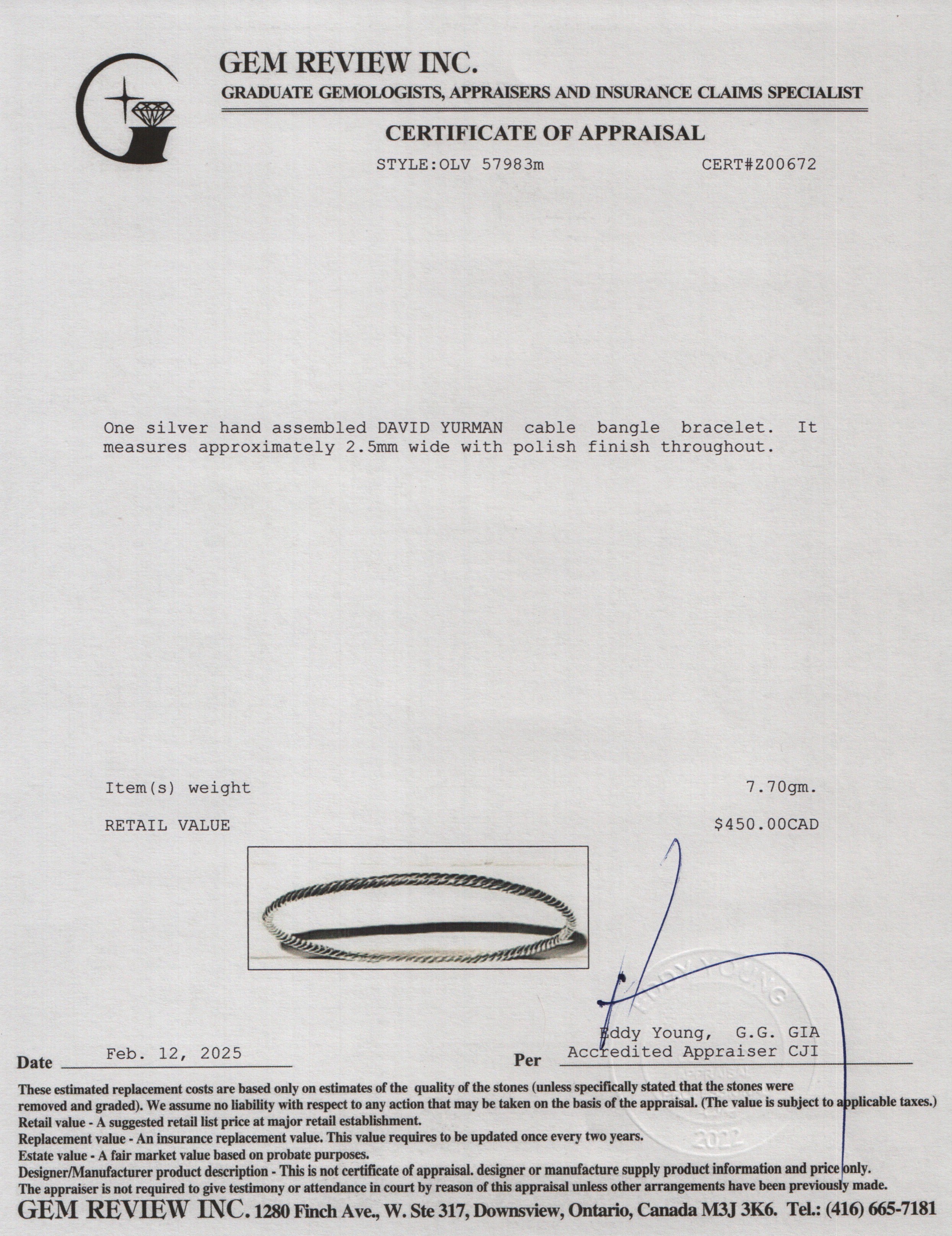 David Yurman Sterling Silver 2.5 MM Cable Classics Bangle Bracelet