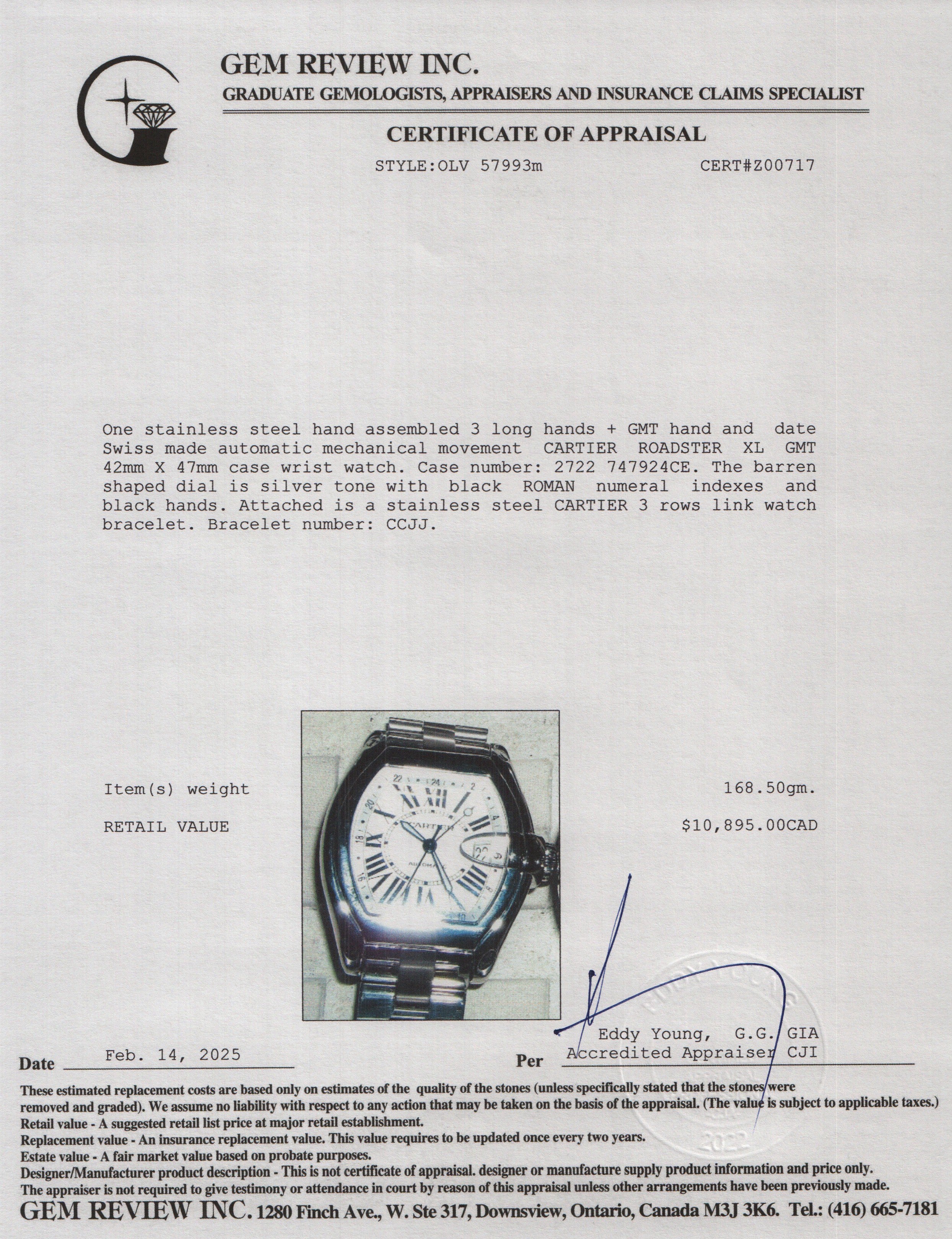 Cartier Stainless Steel Roadster GMT XL Automatic Watch 2722