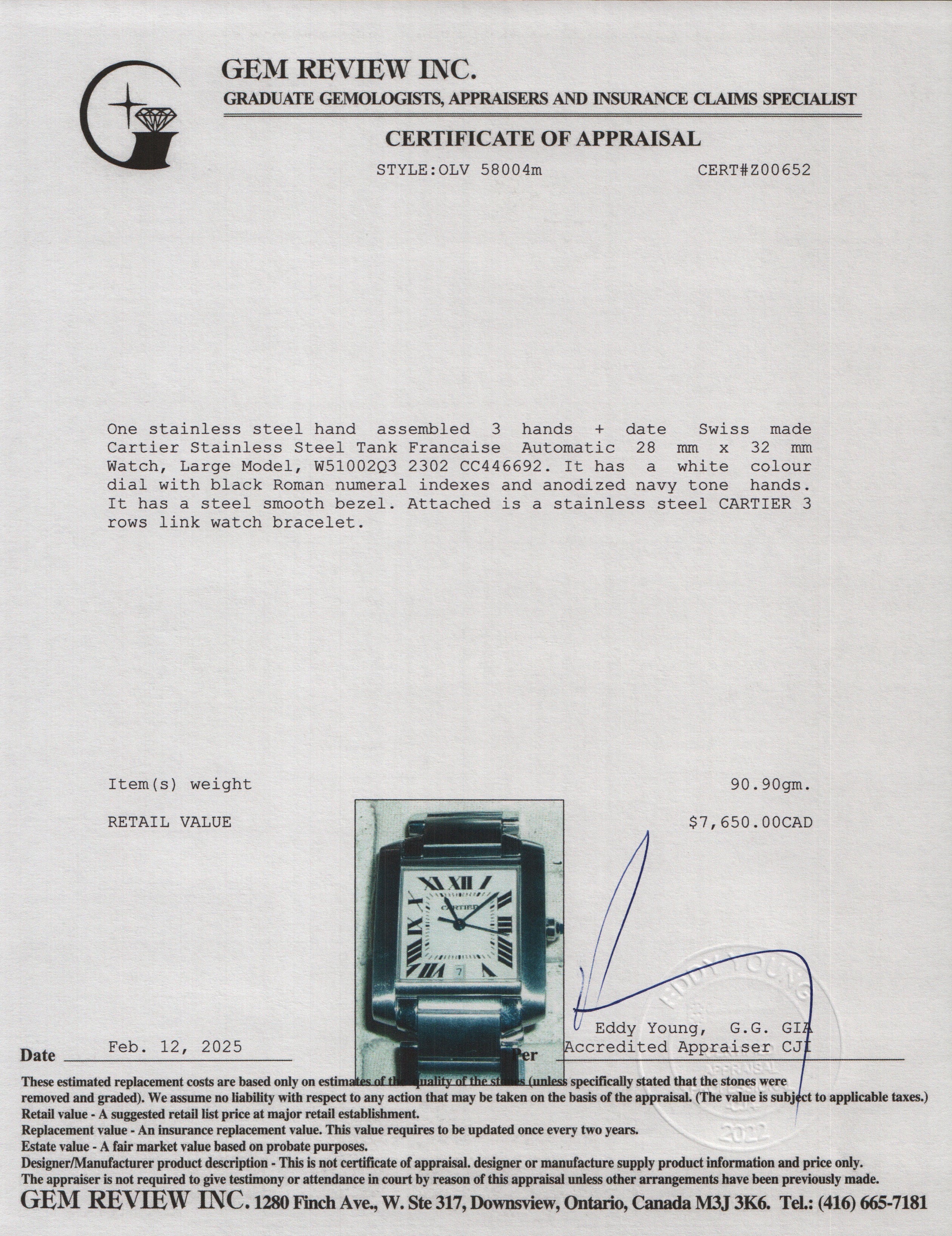 Cartier Stainless Steel Tank Francaise Automatic Watch, Large Model 2302