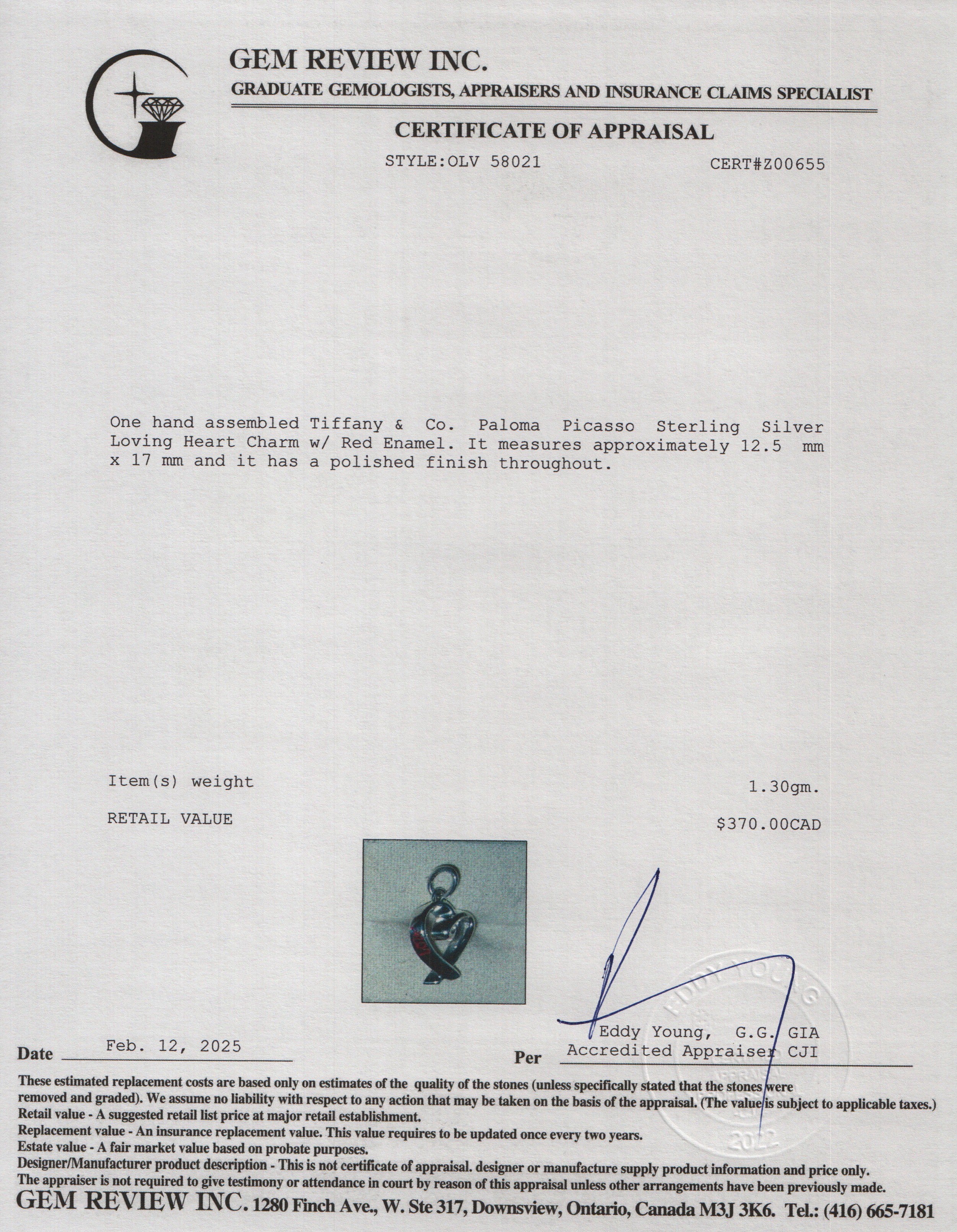 Tiffany & Co. Paloma Picasso Sterling Silver Loving Heart Charm w/ Red Enamel