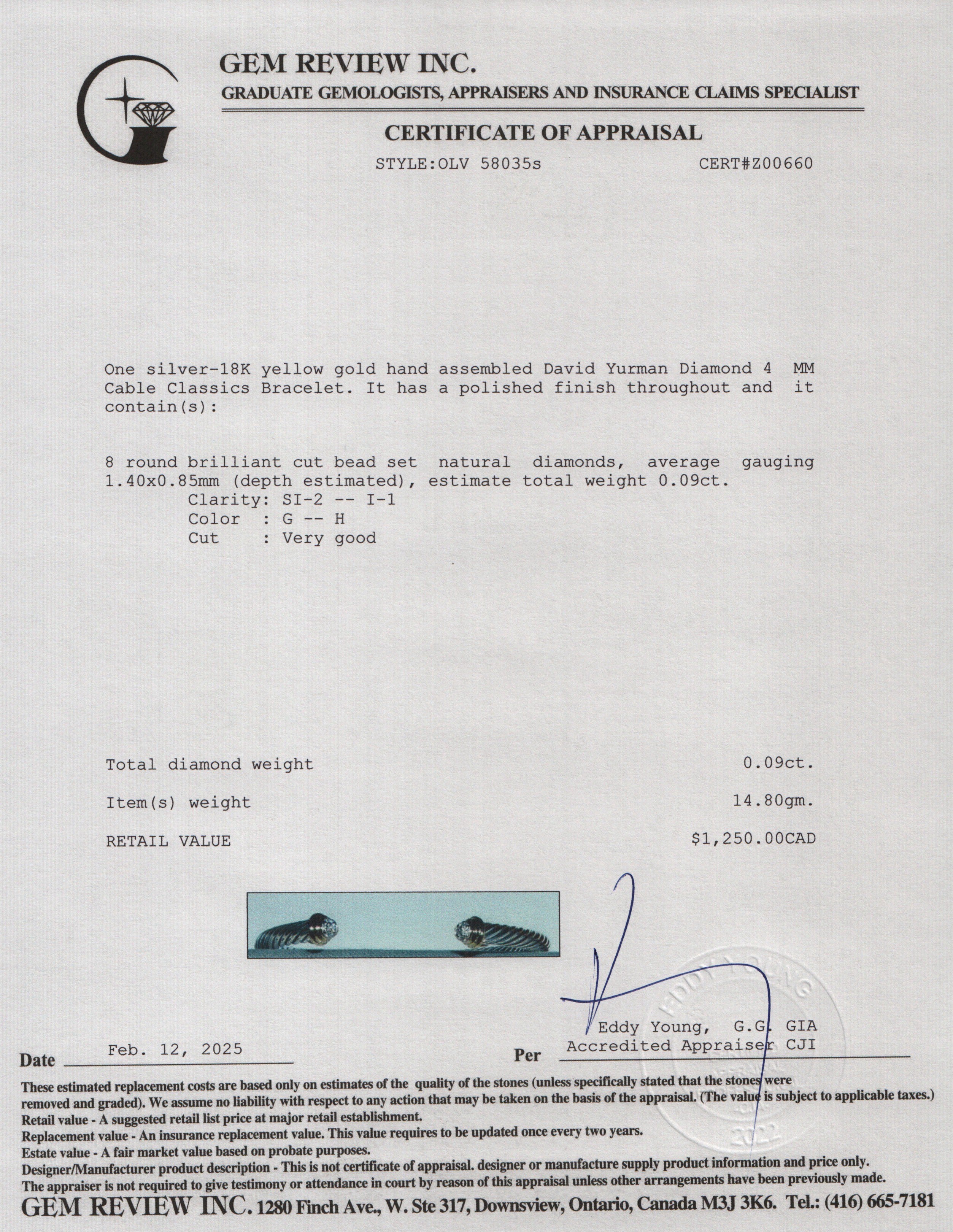 David Yurman Sterling Silver & 18k Yellow Gold Diamond 4 MM Cable Classics Bracelet