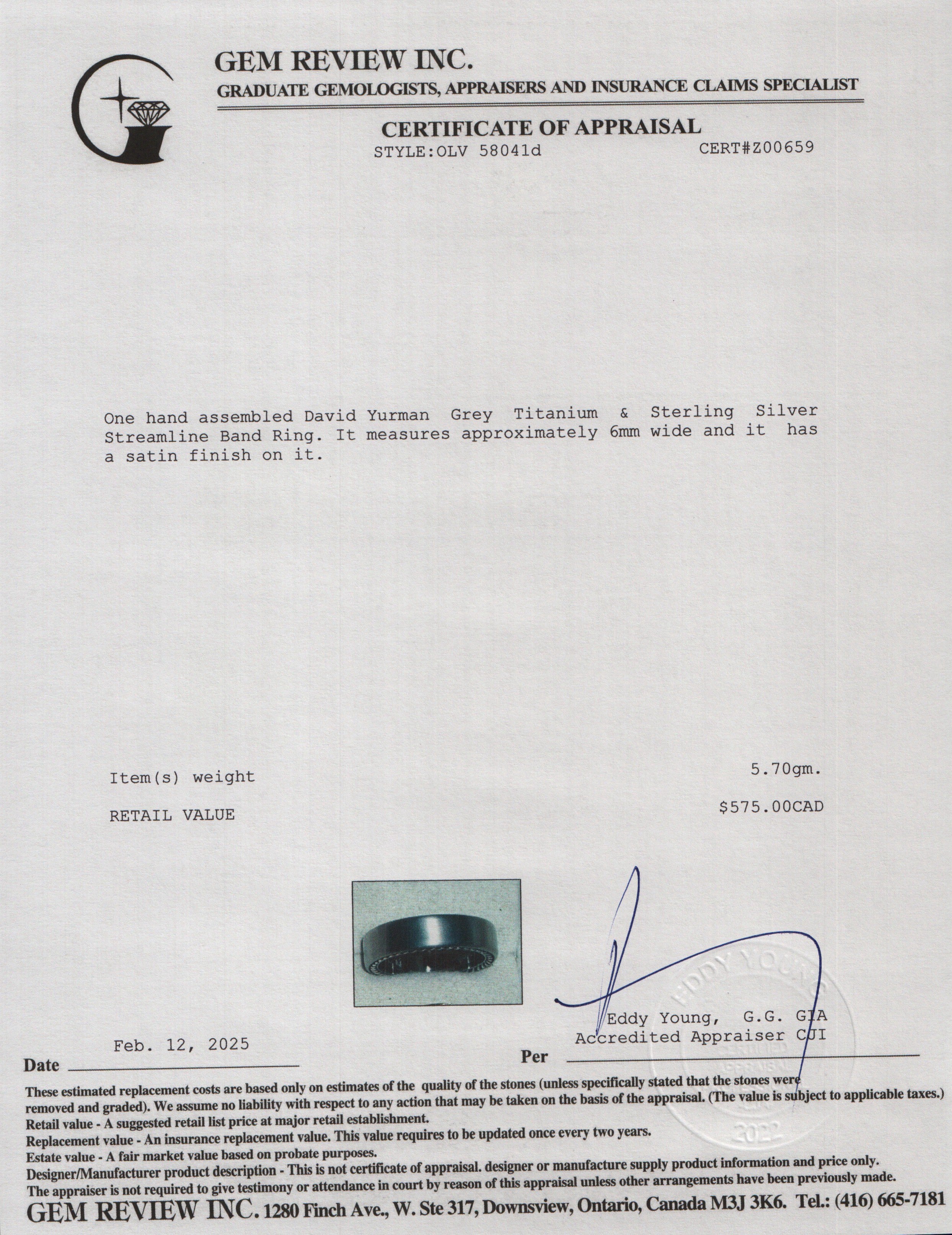 David Yurman Grey Titanium & Sterling Silver 6 MM Streamline Band Ring, Size 9.5 w/ Box