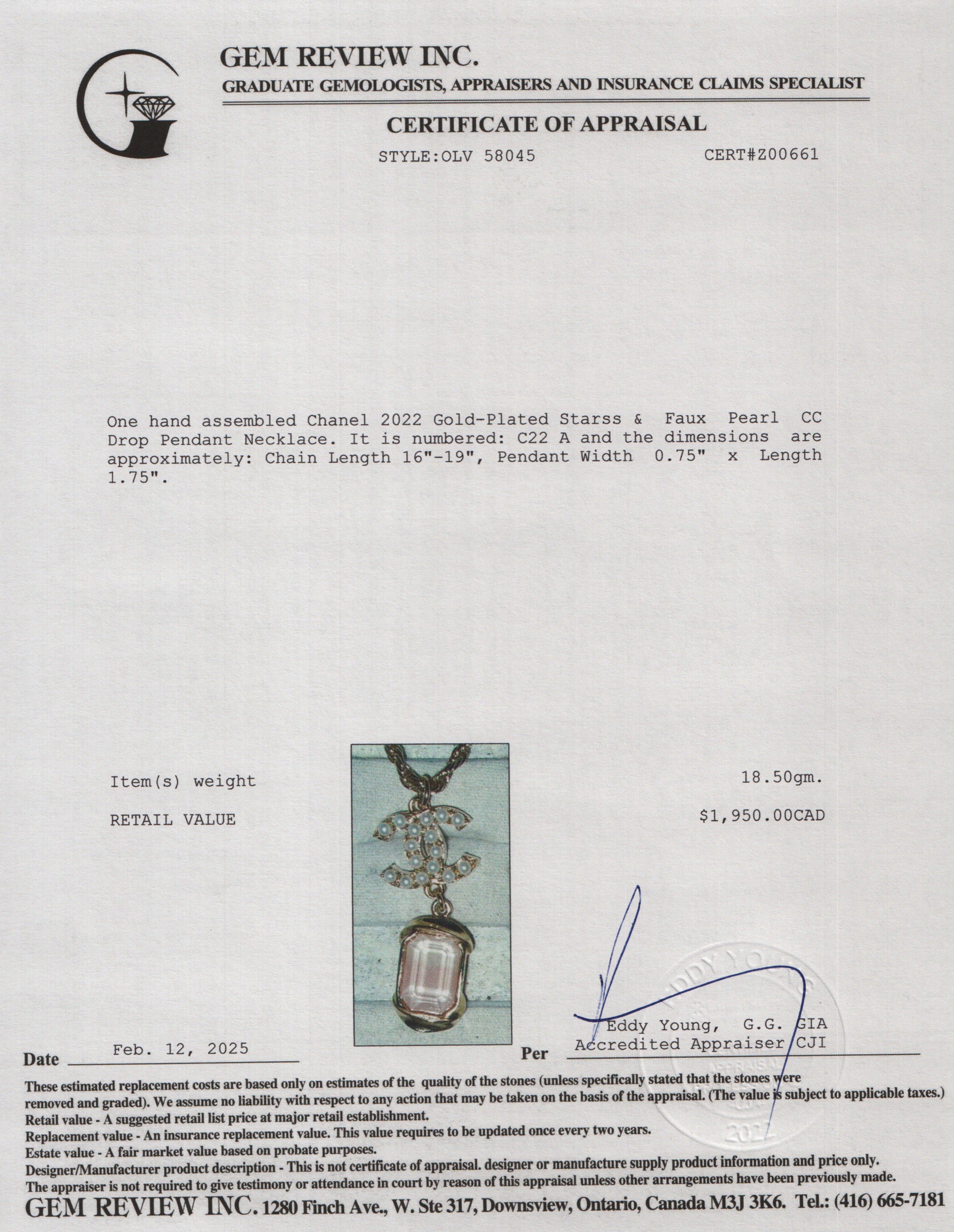 Chanel 2022 Gold-Plated Strass & Faux Pearl CC Drop Pendant Necklace w/ Box