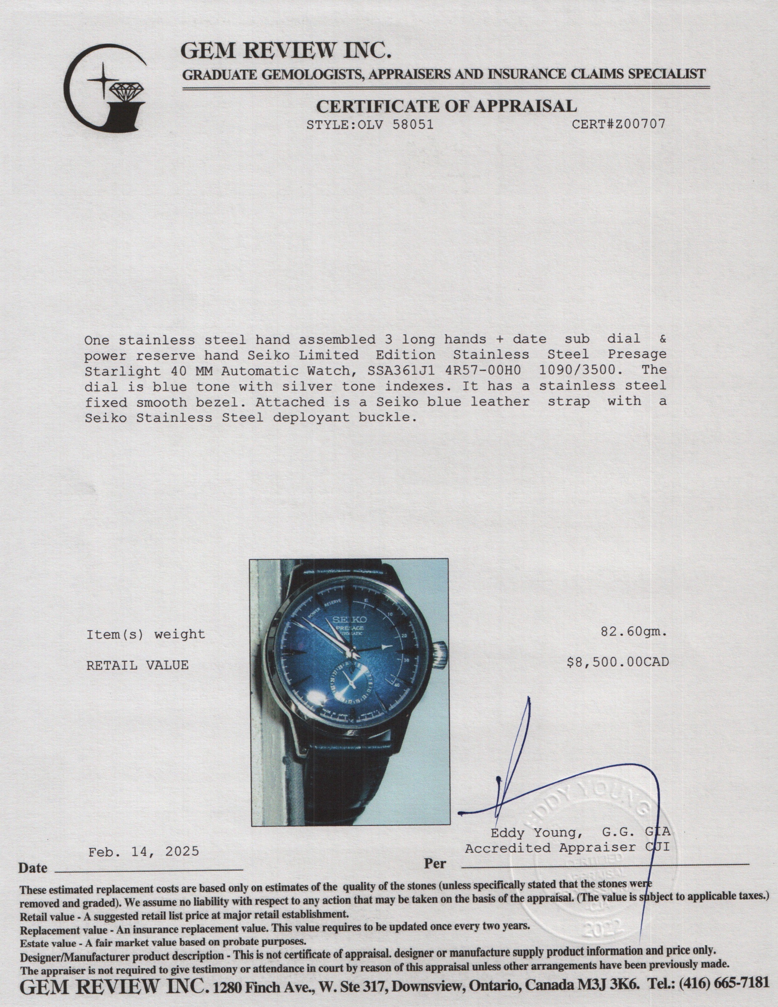 Seiko Limited Edition Stainless Steel Presage Starlight 40 MM Automatic Watch Blue Dial w/ Papers