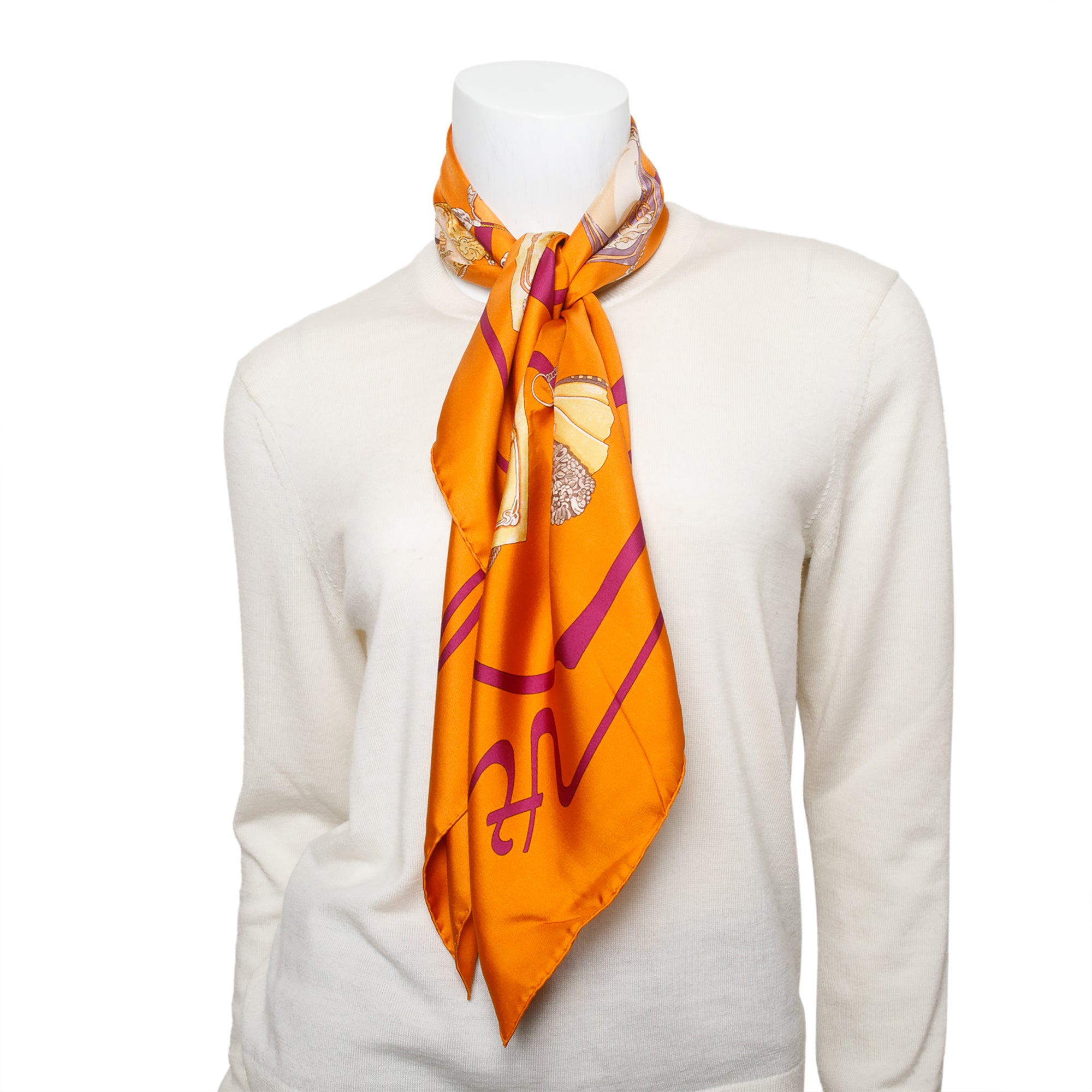 Hermes Orange'Carnet De Bal' Silk Scarf 90 w/ Box