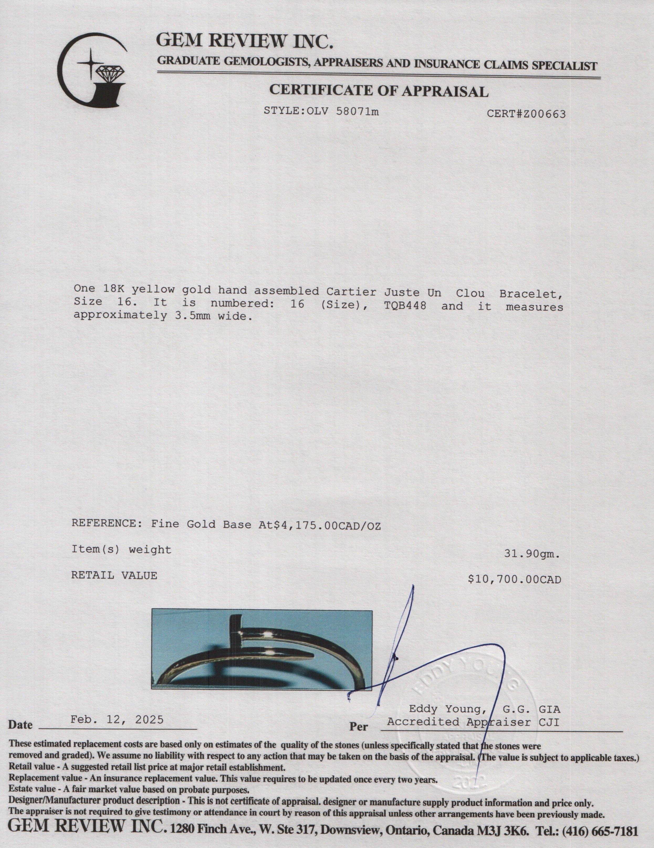 Cartier 2023 18k Yellow Gold Juste Un Clou Bracelet, Size 16 w/ Box & Certificate