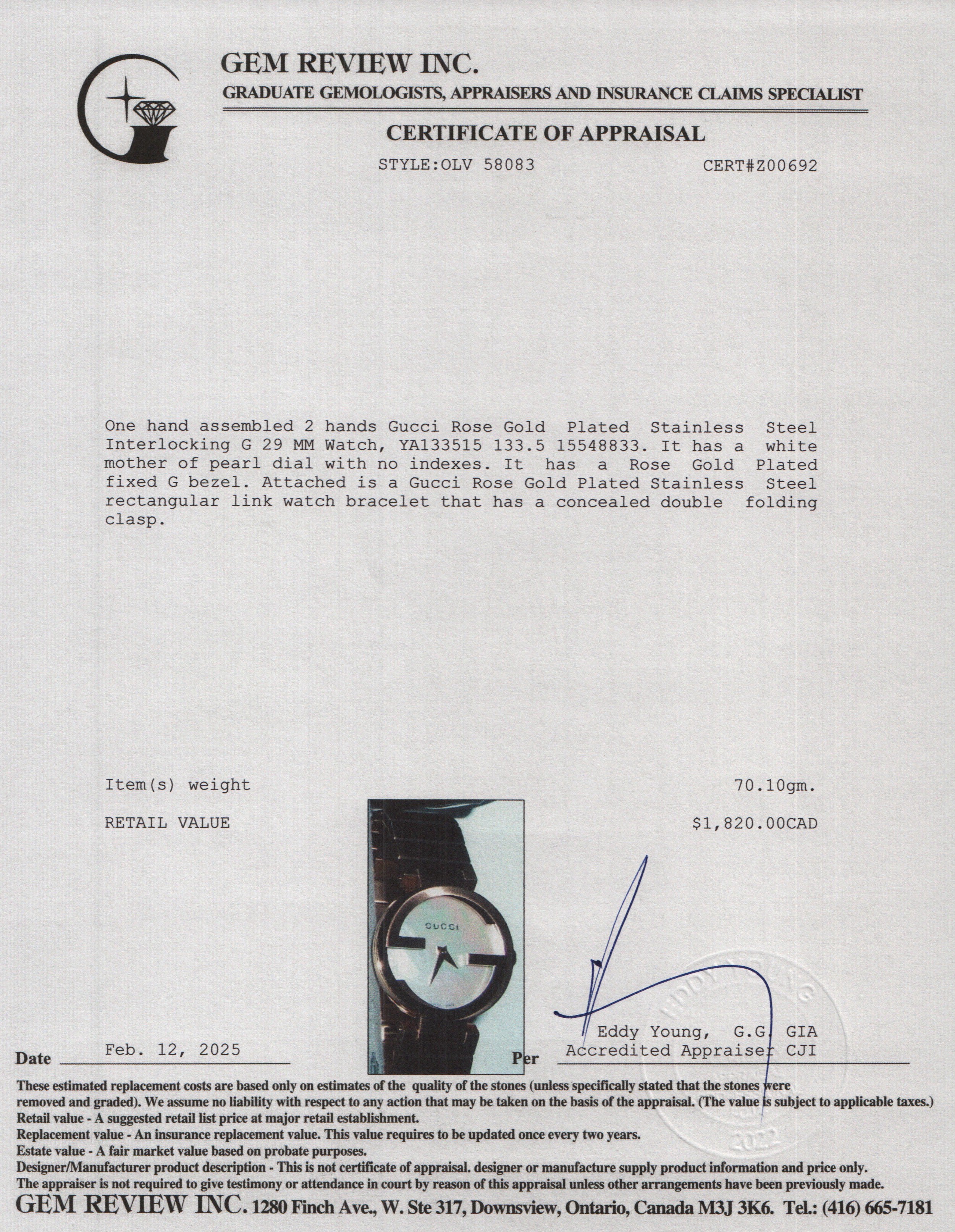 Gucci Rose Gold Plated Stainless Steel Interlocking G 29 MM Watch Mother of Pearl Dial w/ Box & Papers