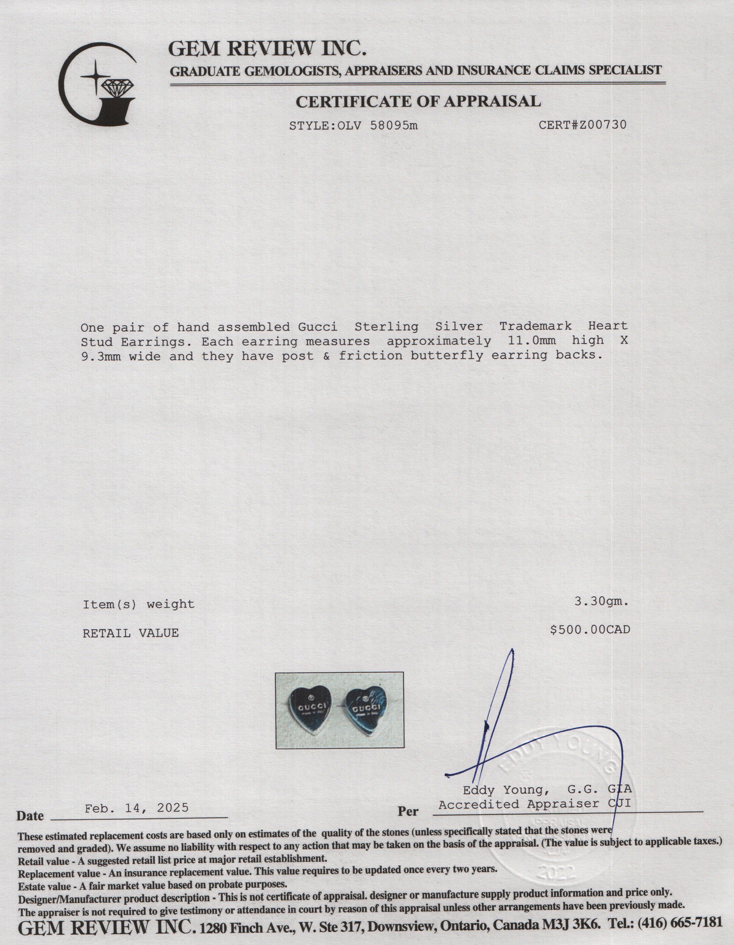 Gucci Sterling Silver Trademark Heart Stud Earrings w/ Box