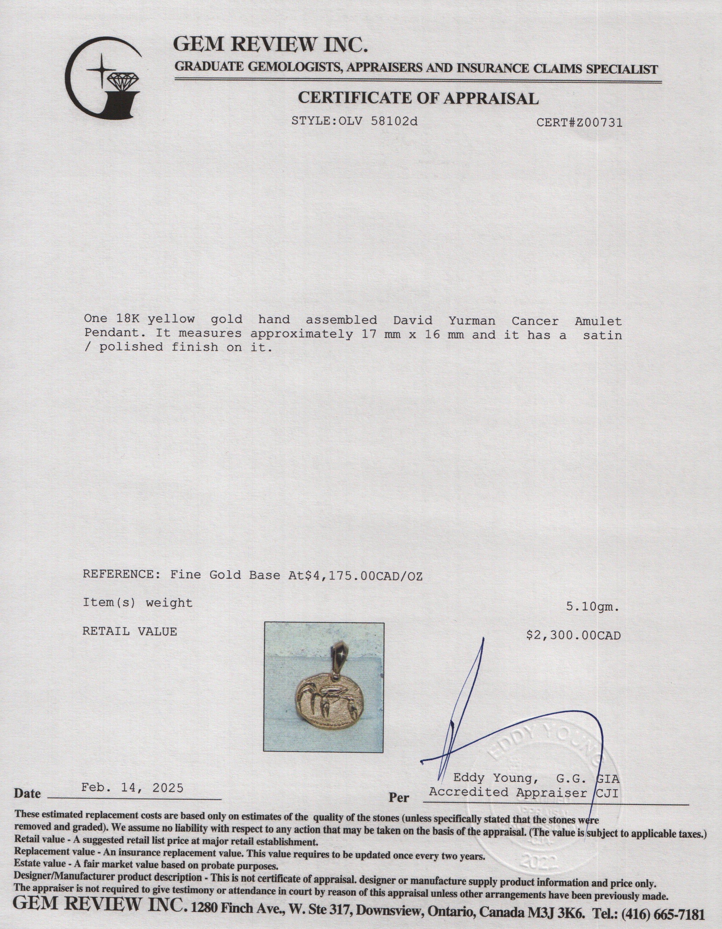 David Yurman 18k Yellow Gold Cancer Amulet Pendant, 17 MM