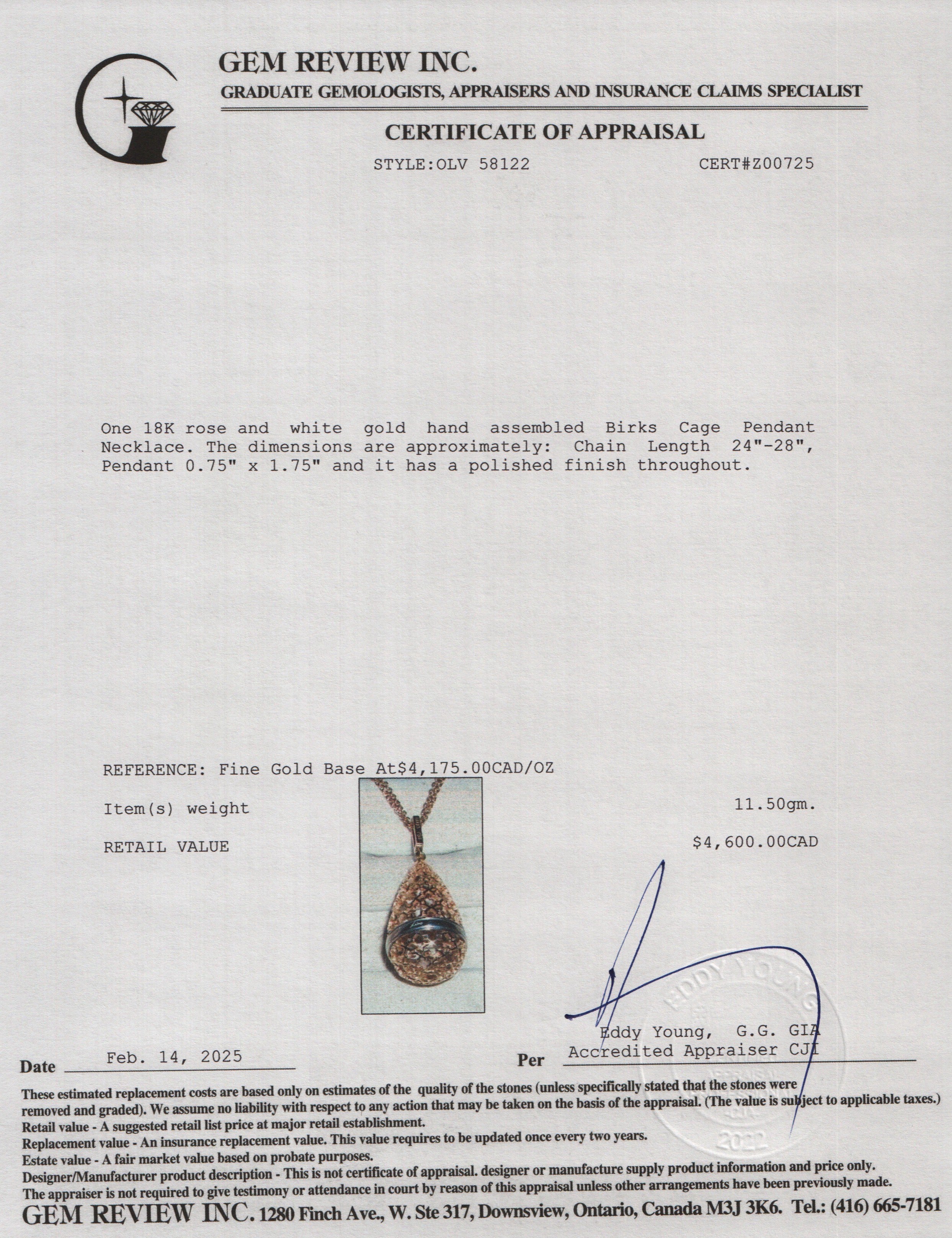 Birks 18k Rose & White Gold Cage Pendant Necklace w/ Box