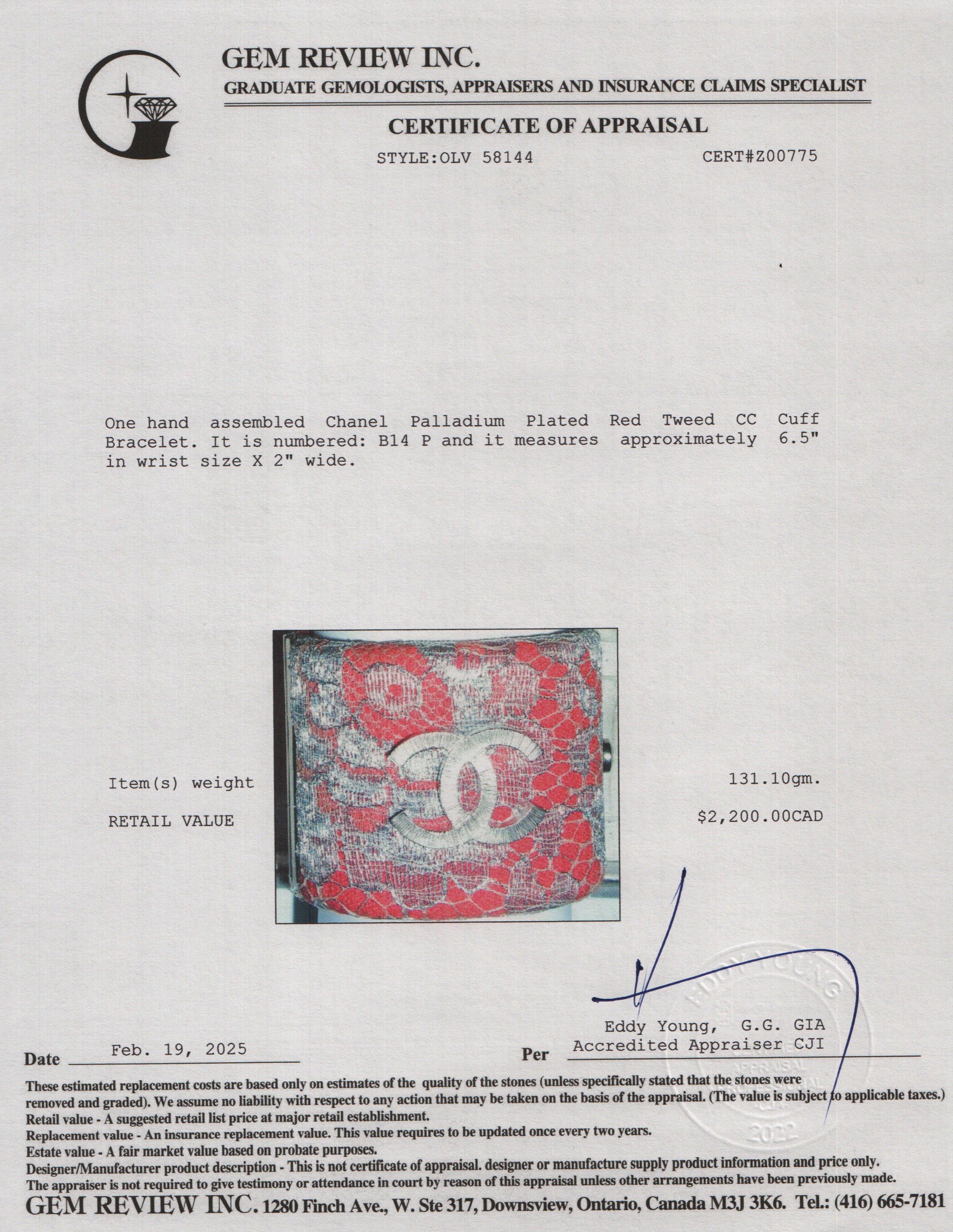 Chanel Palladium Plated Red Tweed CC Cuff Bracelet