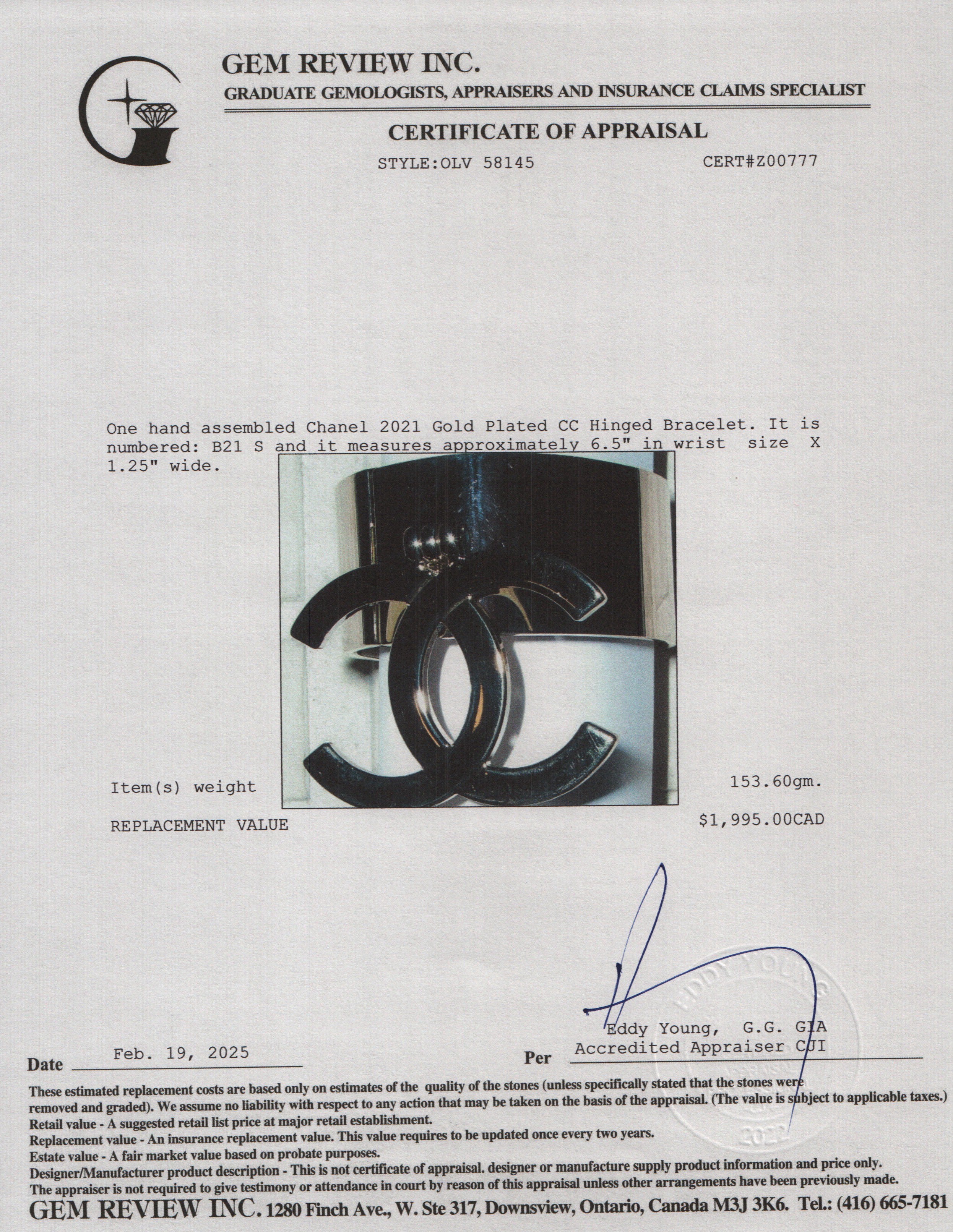 Chanel 2021 Gold Plated CC Hinged Bracelet