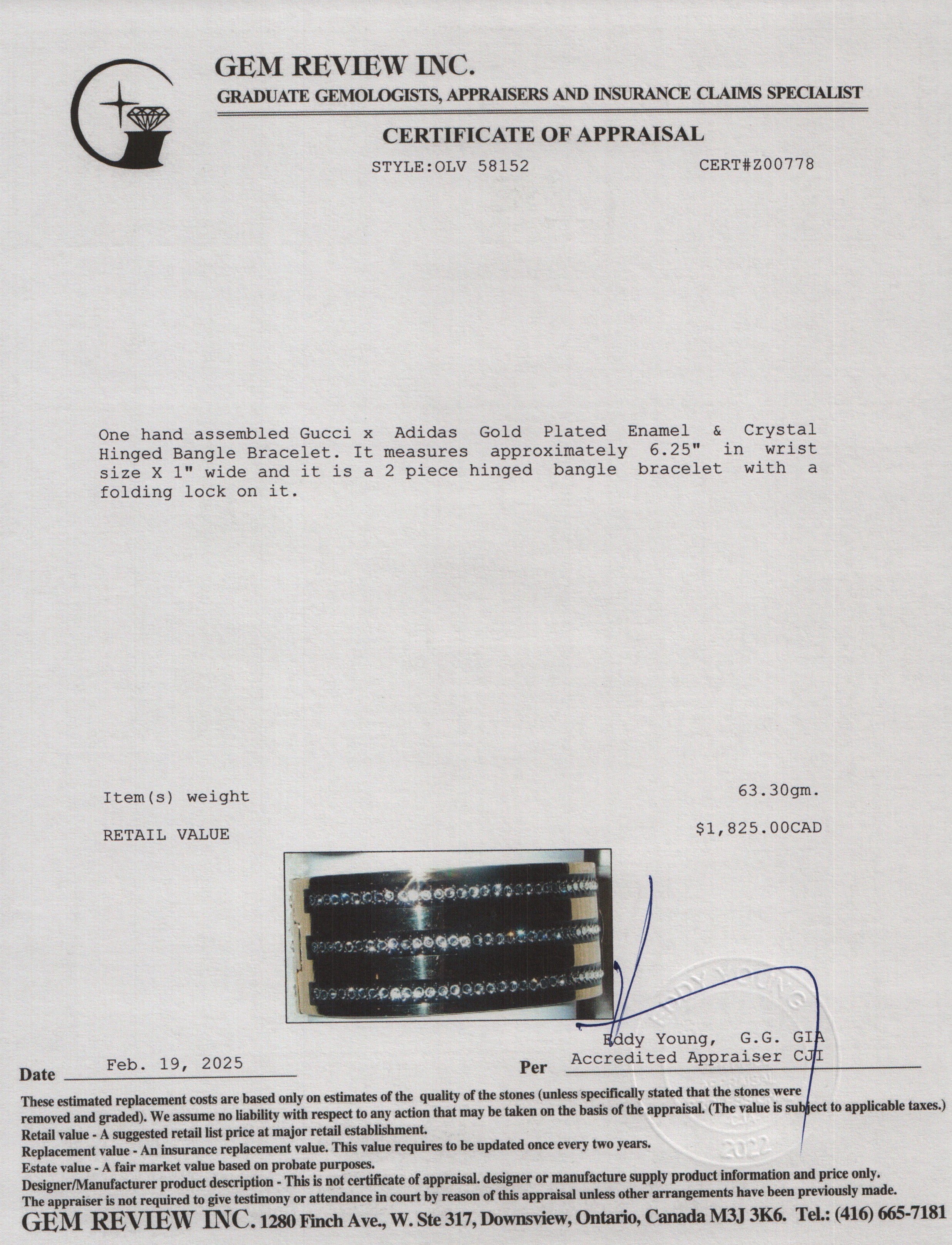 Gucci x Adidas Gold Plated Enamel & Crystal Hinged Bangle Bracelet