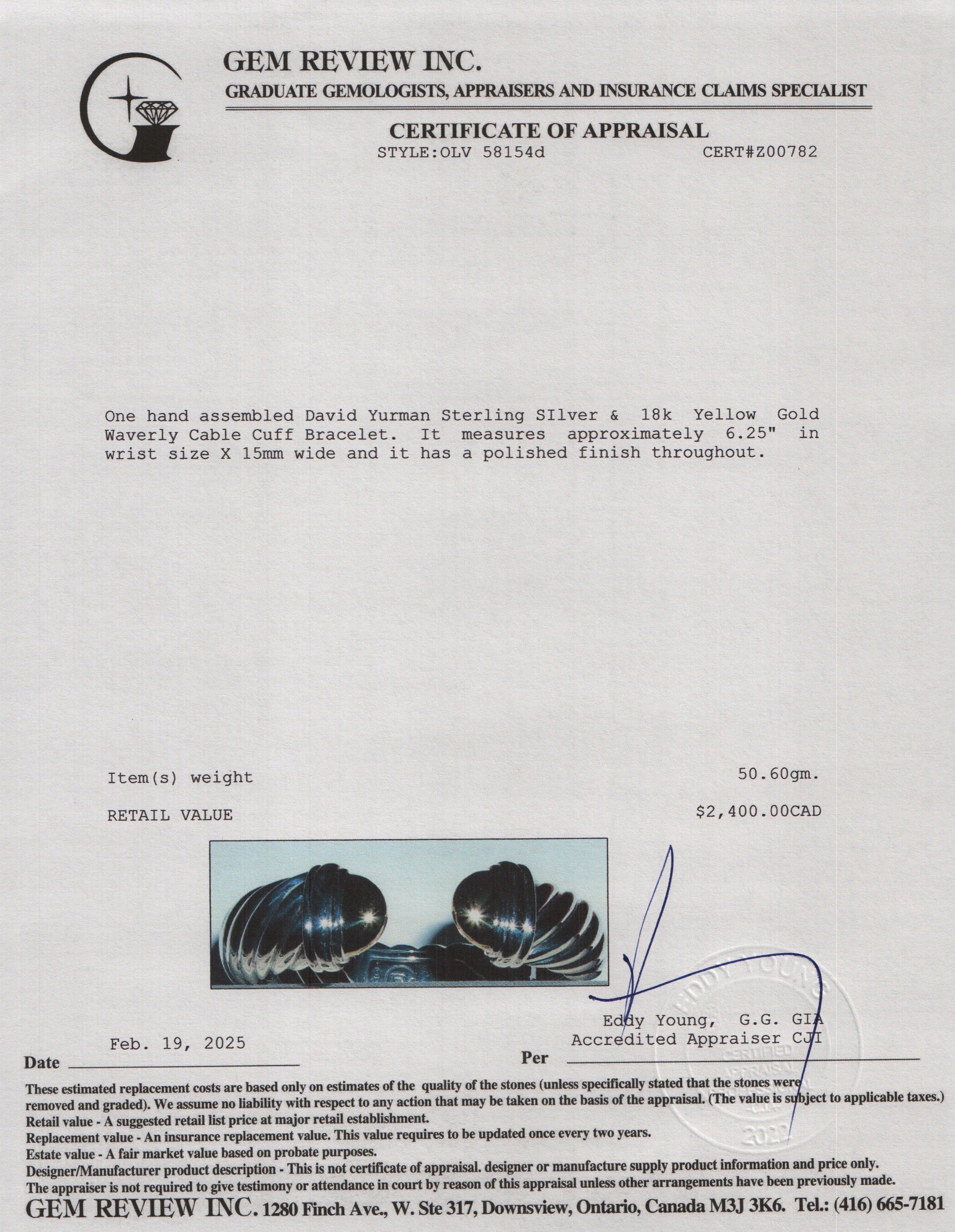 David Yurman Sterling SIlver & 18k Yellow Gold Waverly Cable Cuff Bracelet