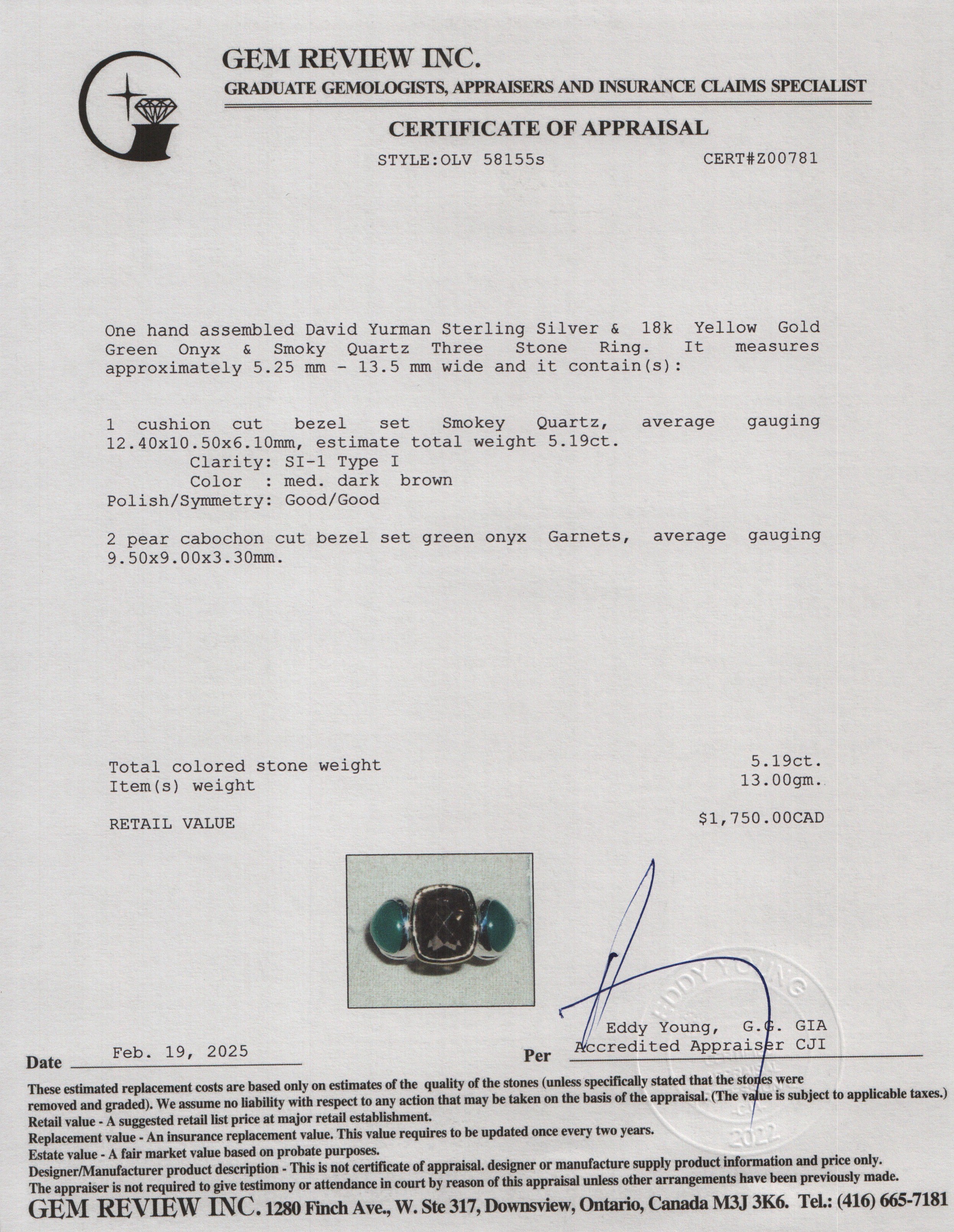 David Yurman Sterling Silver & 18k Yellow Gold Green Onyx & Smoky Quartz Three Stone Ring, Size 6