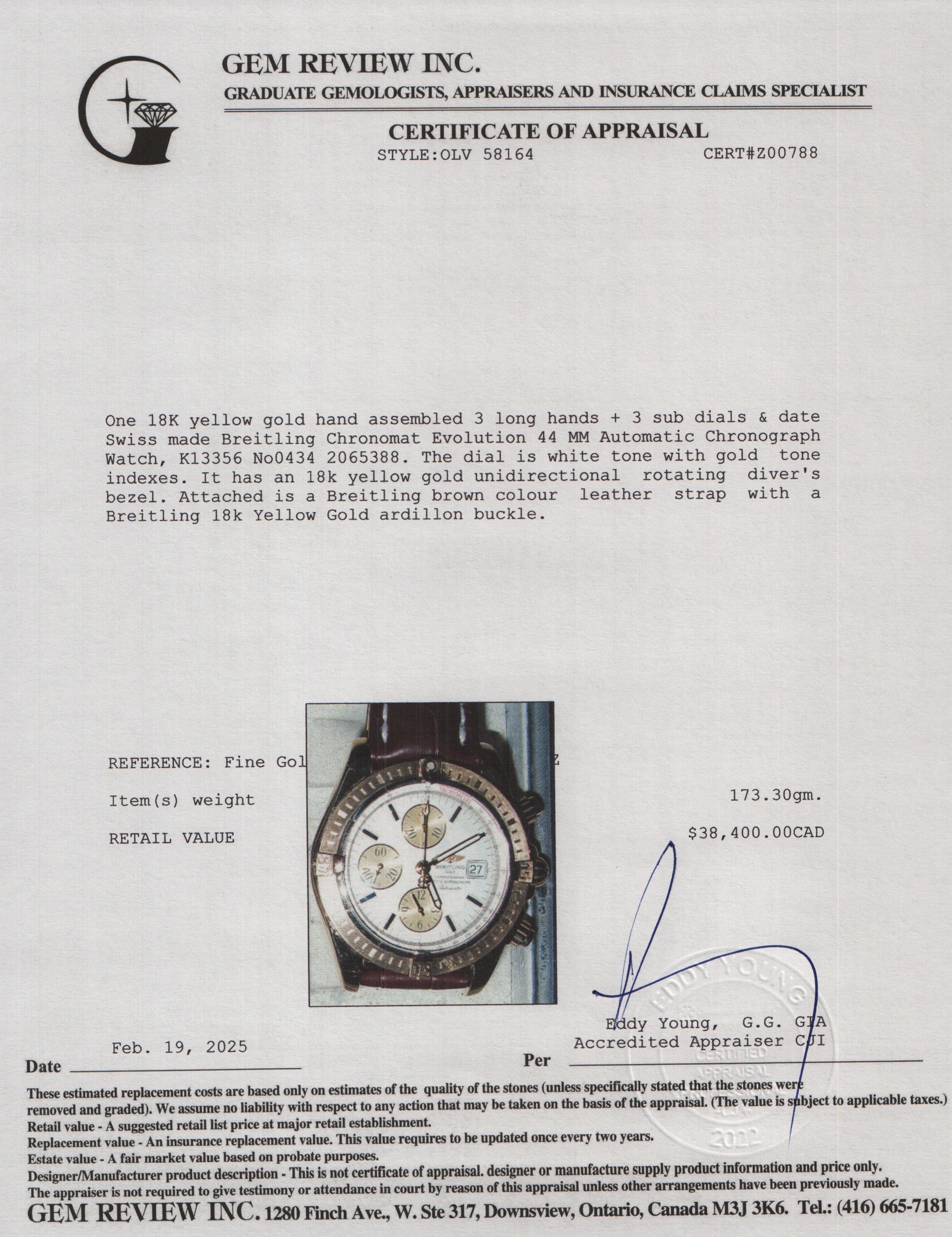 Breitling 18k Yellow Gold Chronomat Evolution 44 MM Automatic Chronograph Watch White Dial K13356