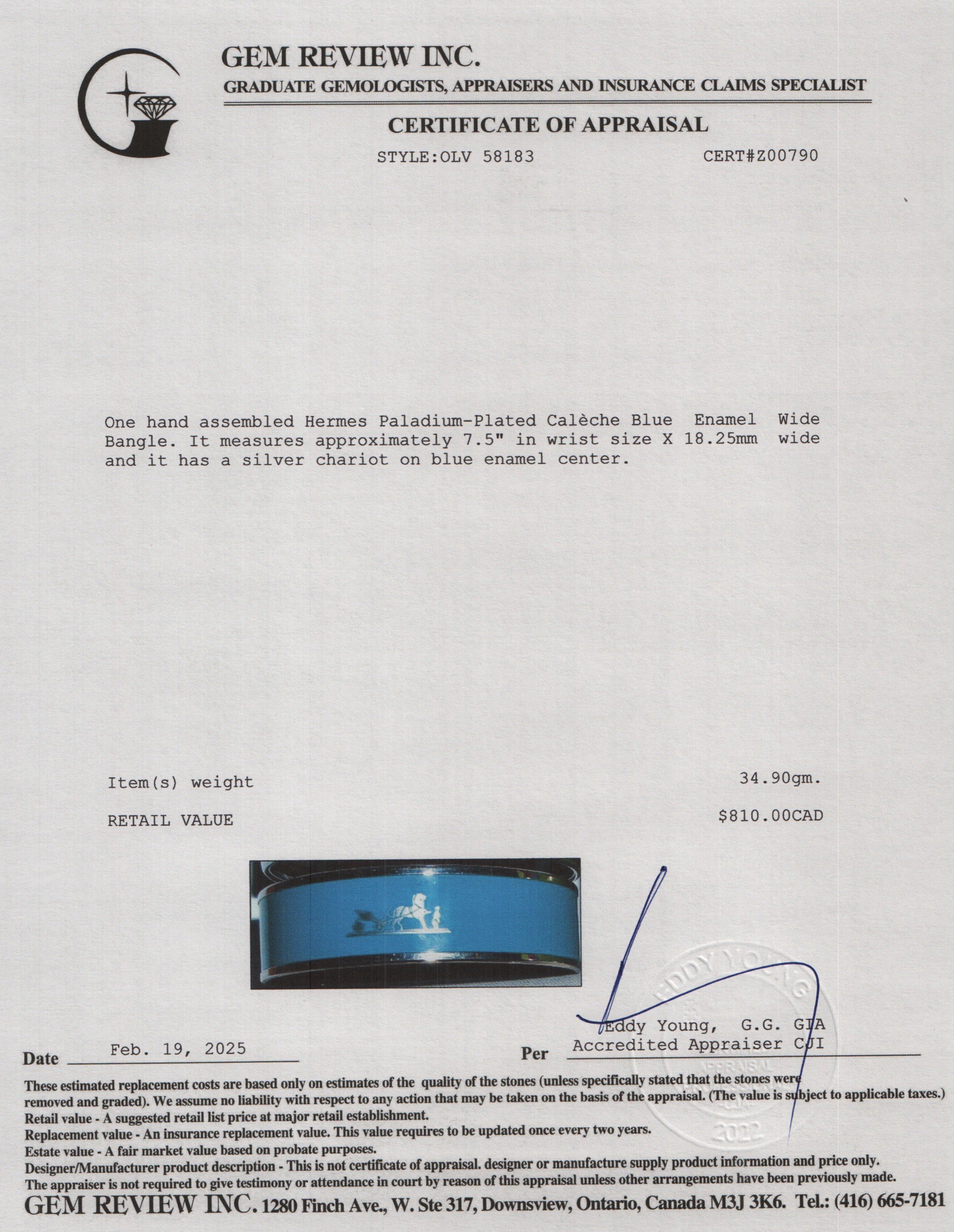 Hermes Paladium-Plated Calèche Blue Enamel Wide Bangle