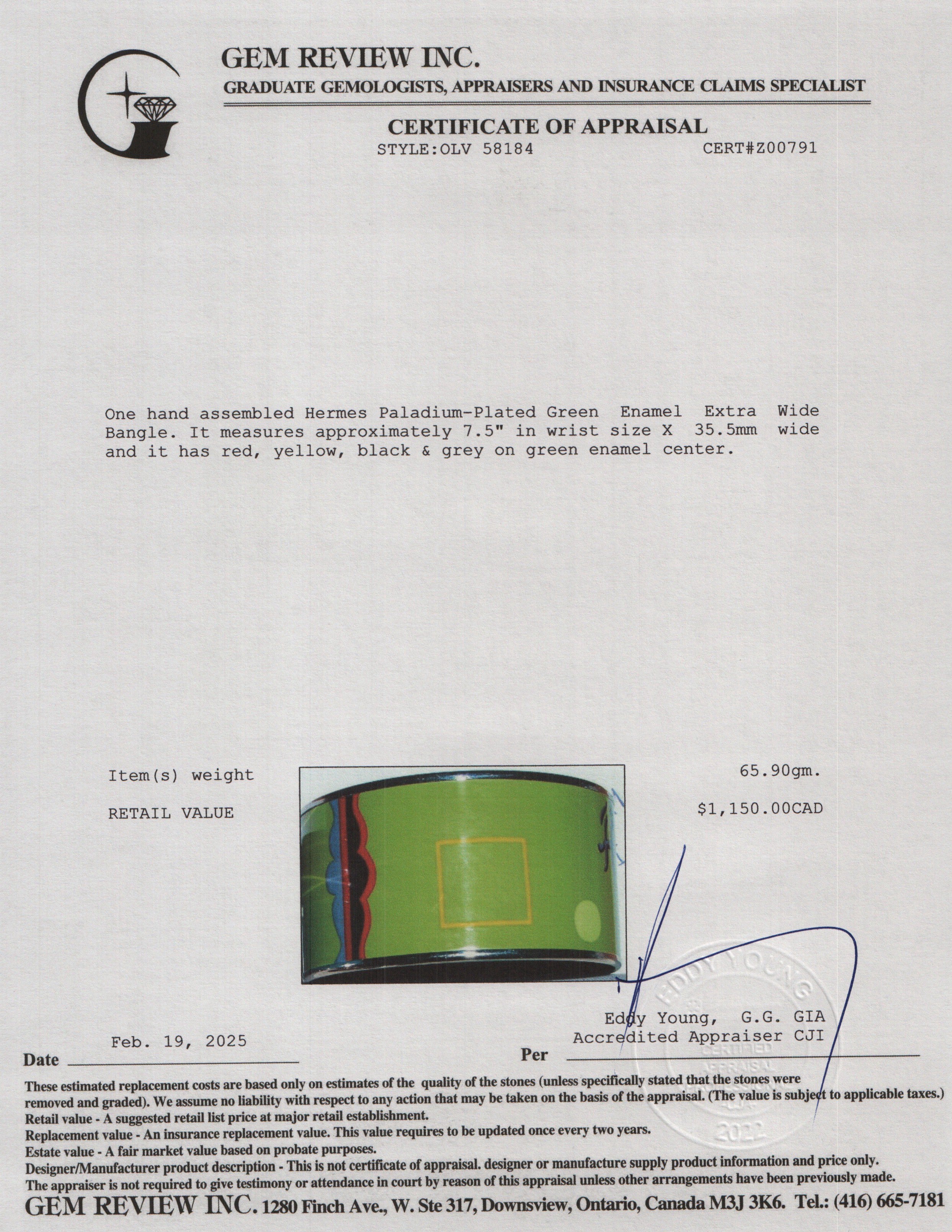 Hermes Paladium-Plated Green Enamel Extra Wide Bangle