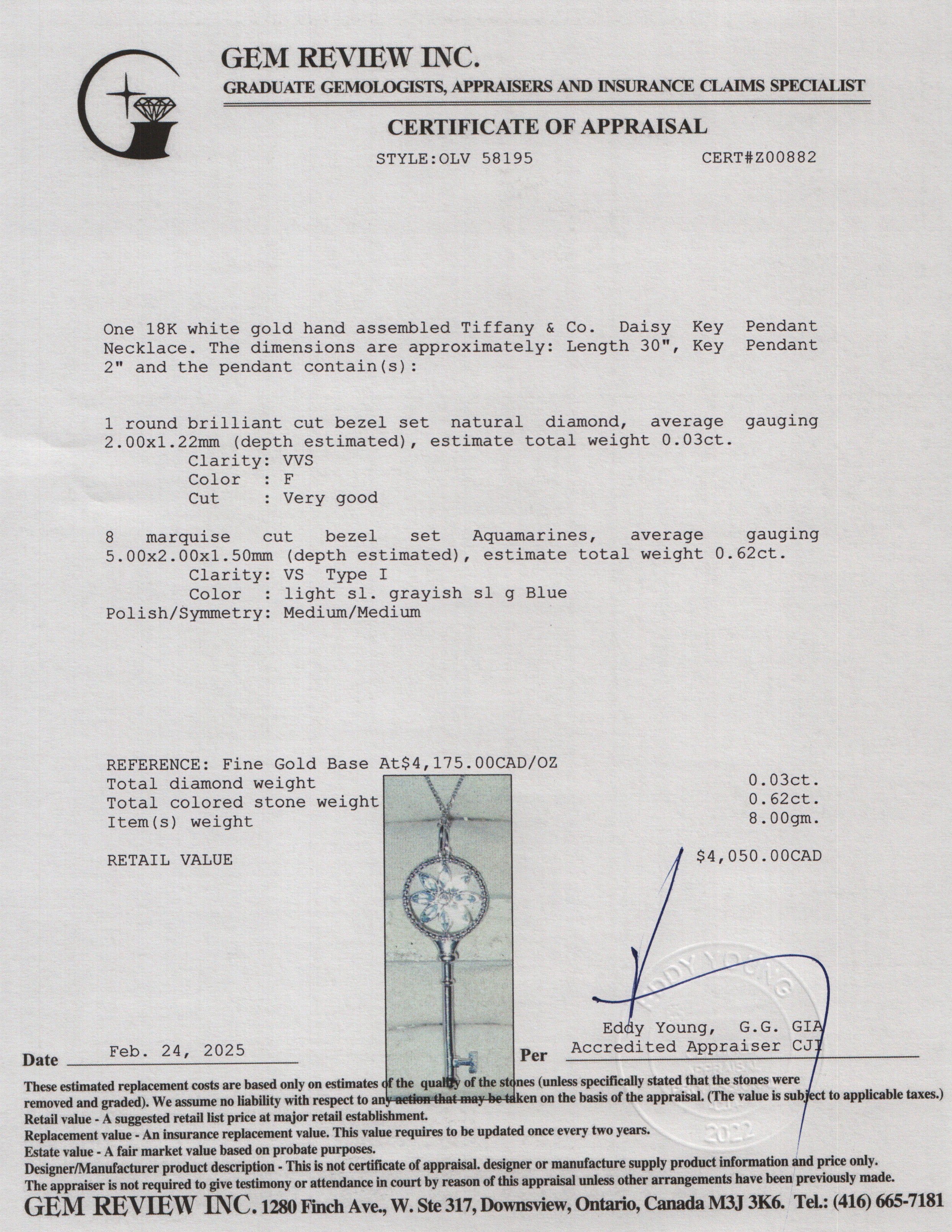 Tiffany & Co. 18k White Gold Aquamarine & Diamond Daisy Key Pendant Necklace w/ Box