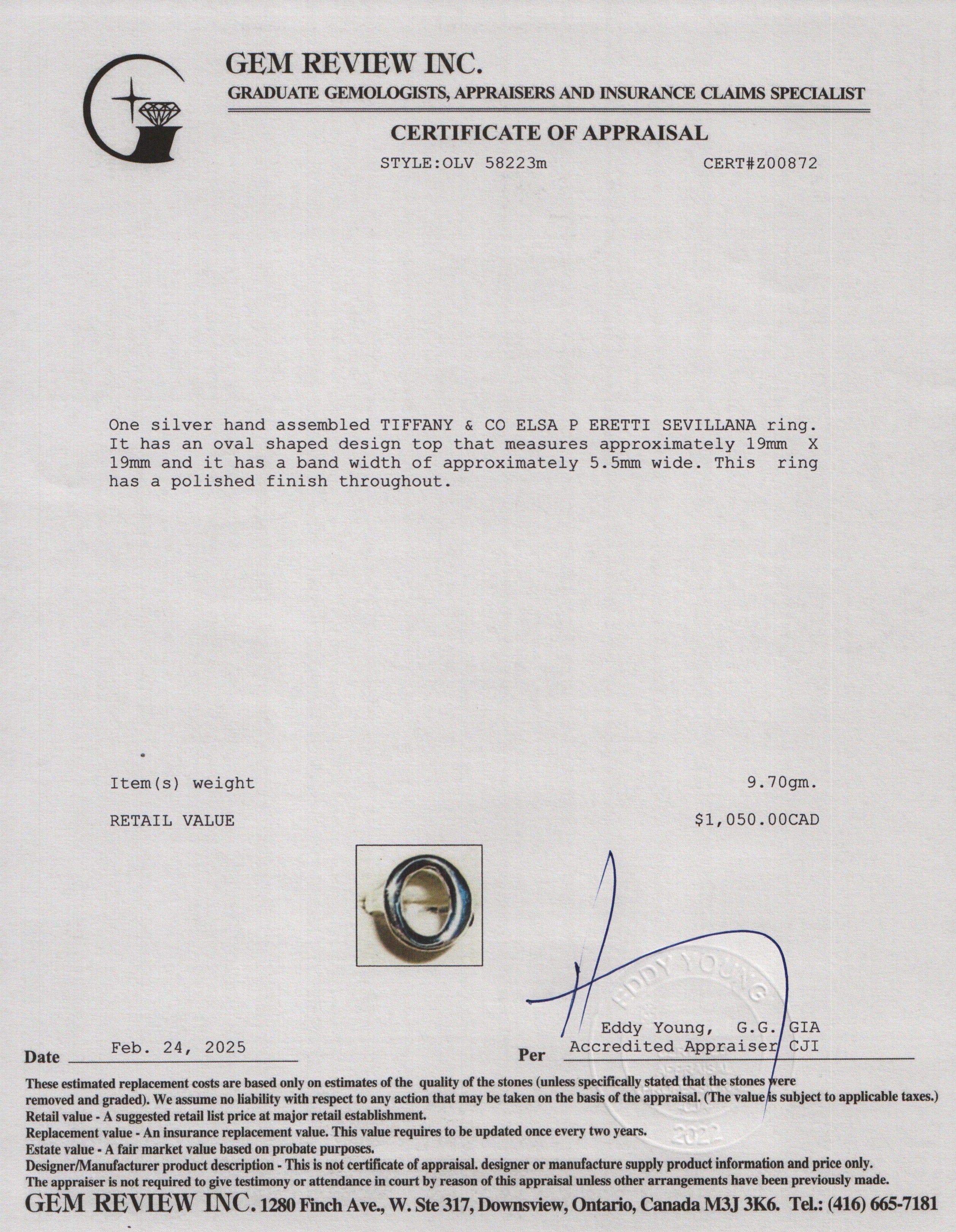 Tiffany & Co. Elsa Peretti Sterling Silver Sevillana Ring, Size 7