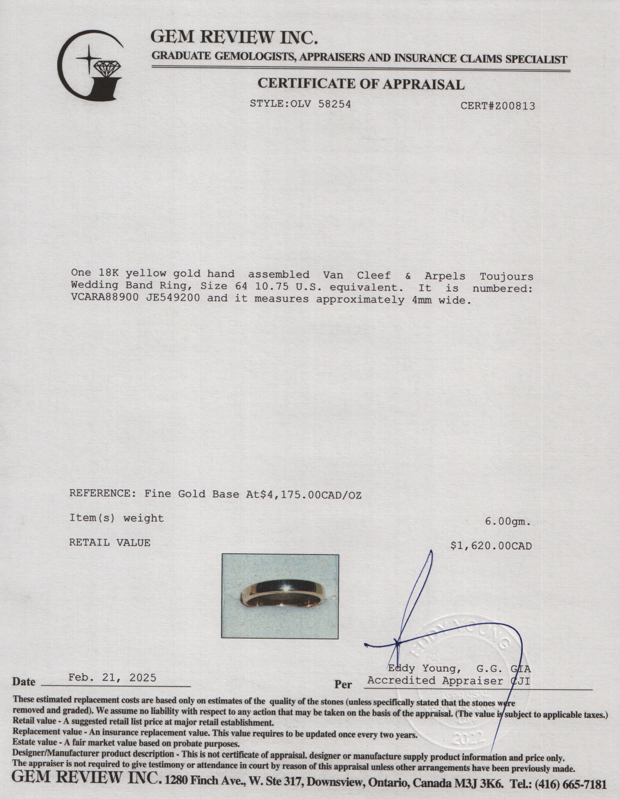 Van Cleef & Arpels 18k Yellow Gold Toujours 4 MM Wedding Band Ring, Size 64 10.75 w/ Box