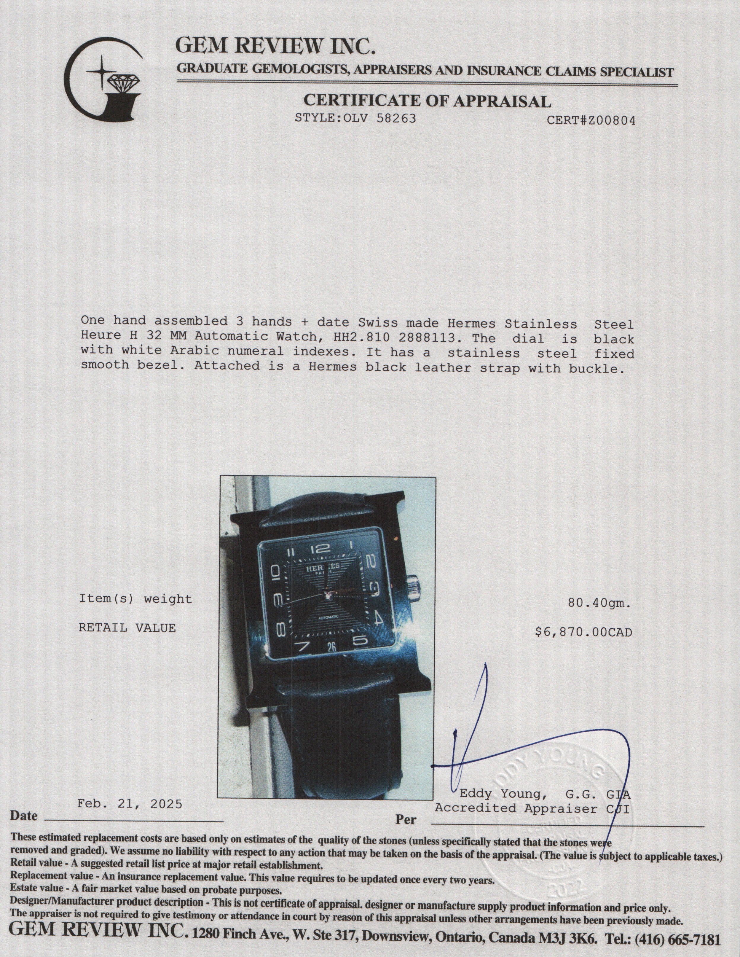 Hermes Stainless Steel Heure H 32 MM Automatic Watch w/ Box & Papers