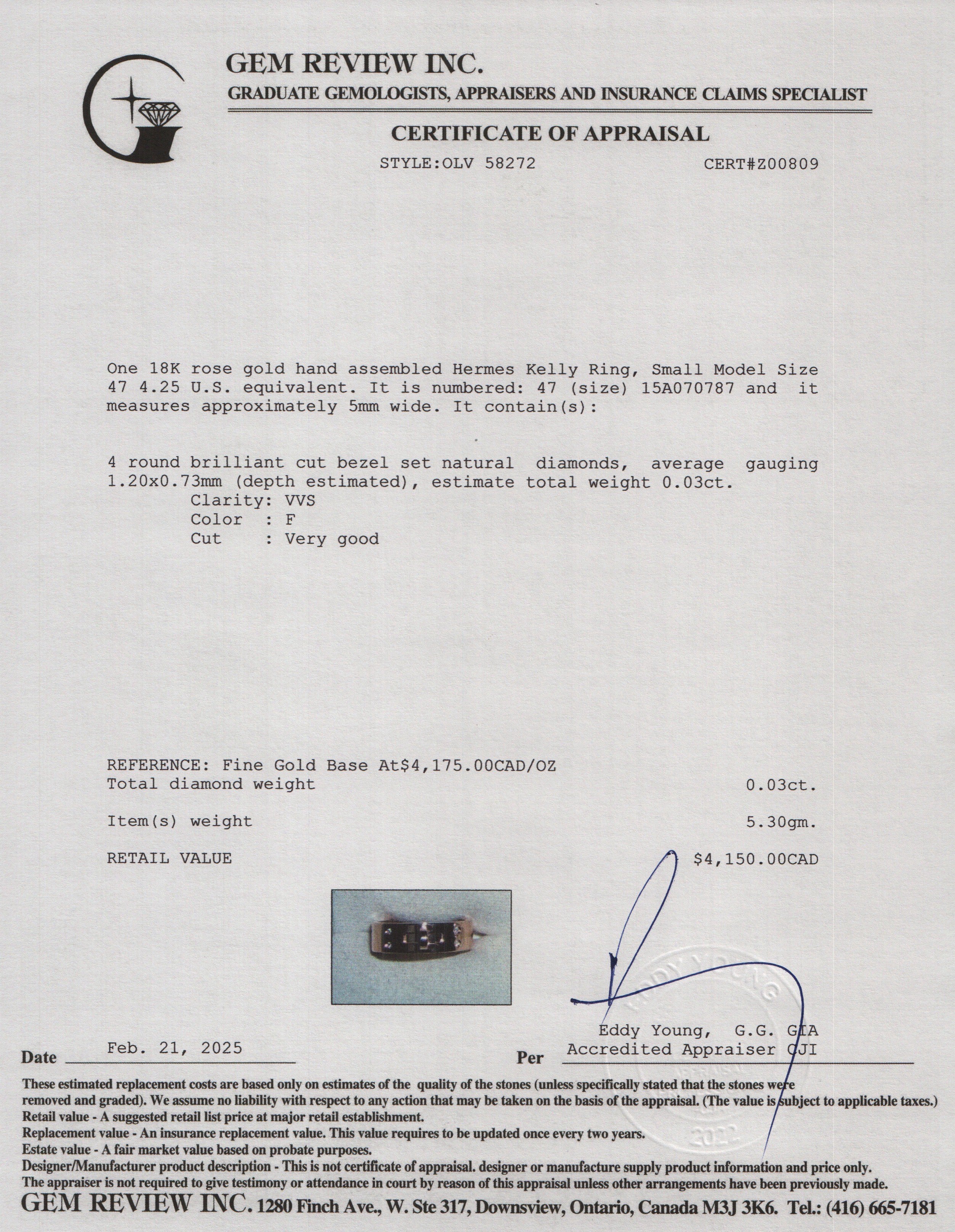 Hermes 2023 18k Rose Gold Diamond Kelly Ring, Small Model Size 47 4.25 w/ Box & Certificate