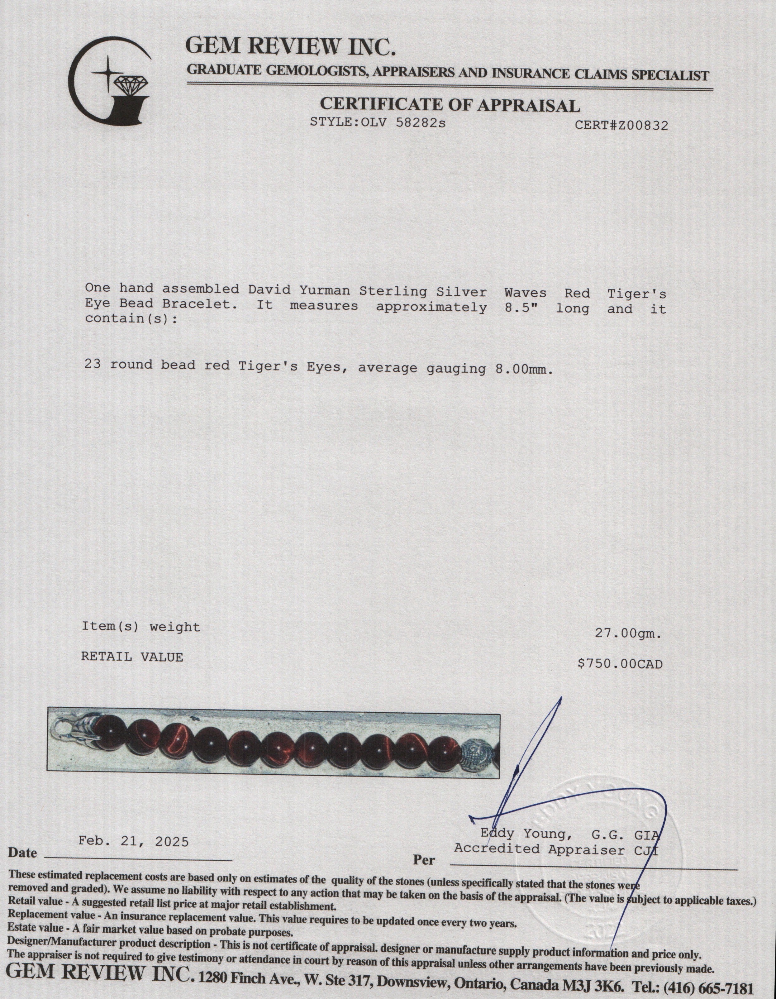 David Yurman Sterling Silver Waves Red Tiger's Eye 8 MM Bead Bracelet