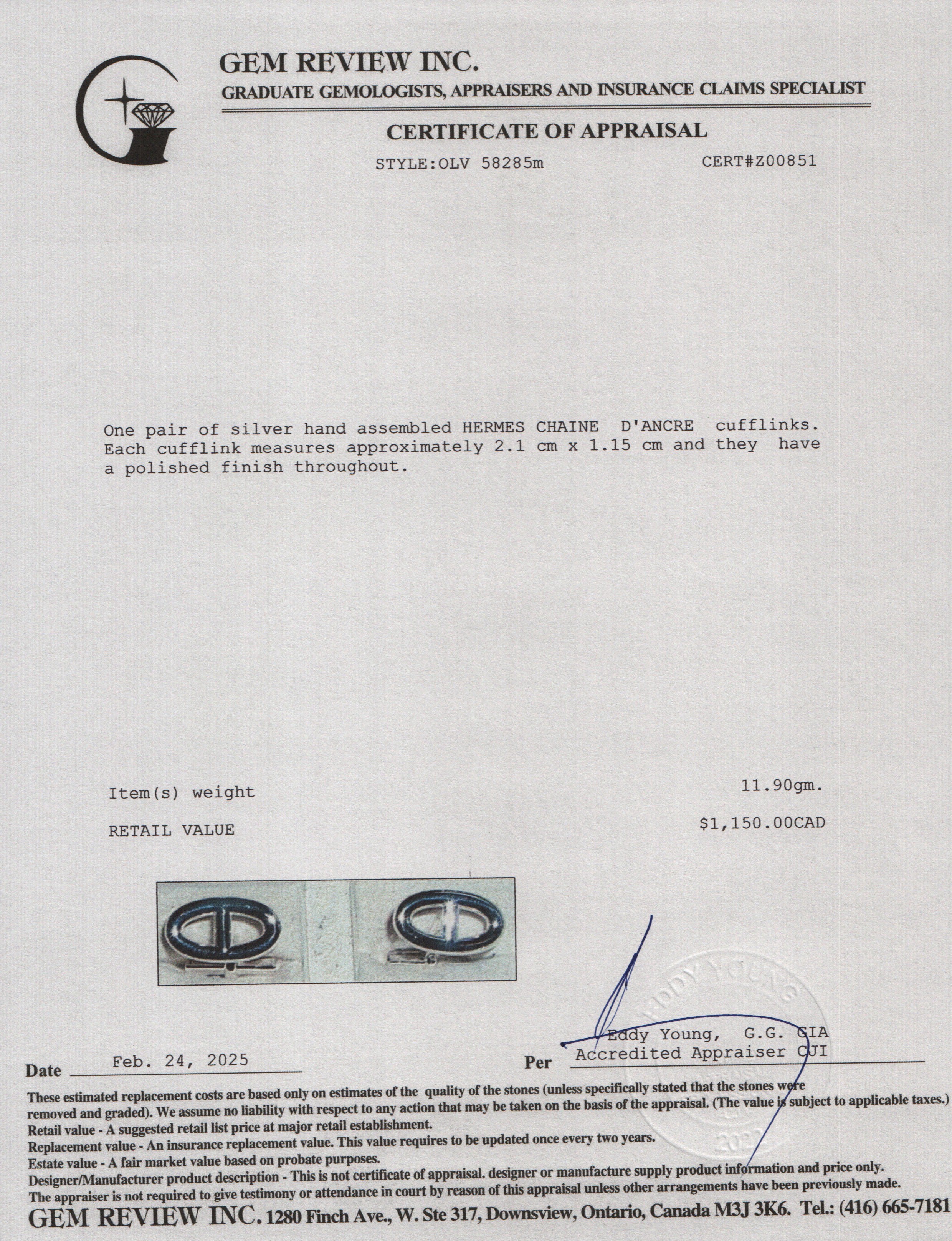 Hermes Sterling Silver Chaine D'Ancre Cufflinks w/ Box