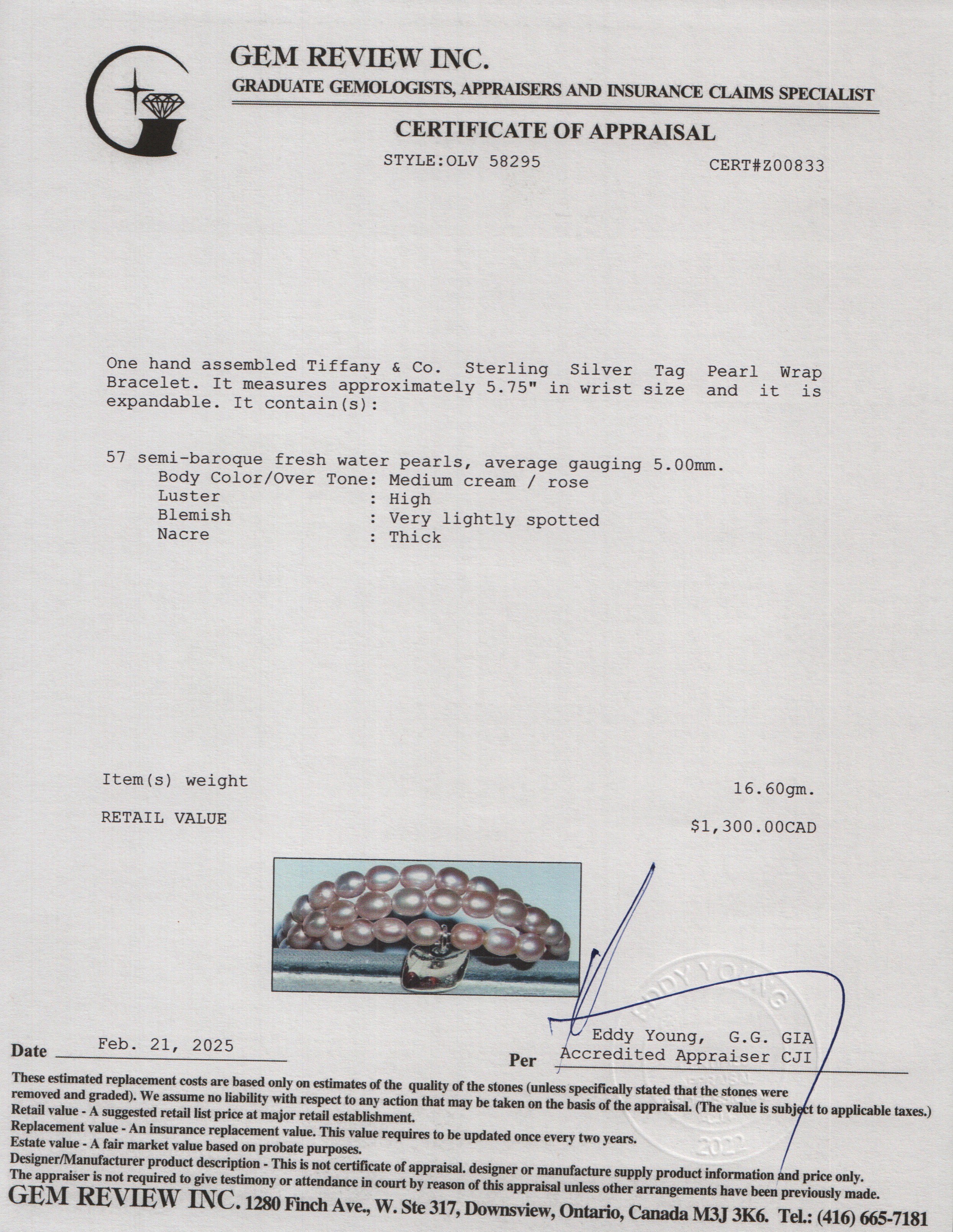 Tiffany & Co. Sterling Silver Tag Pearl Wrap Bracelet