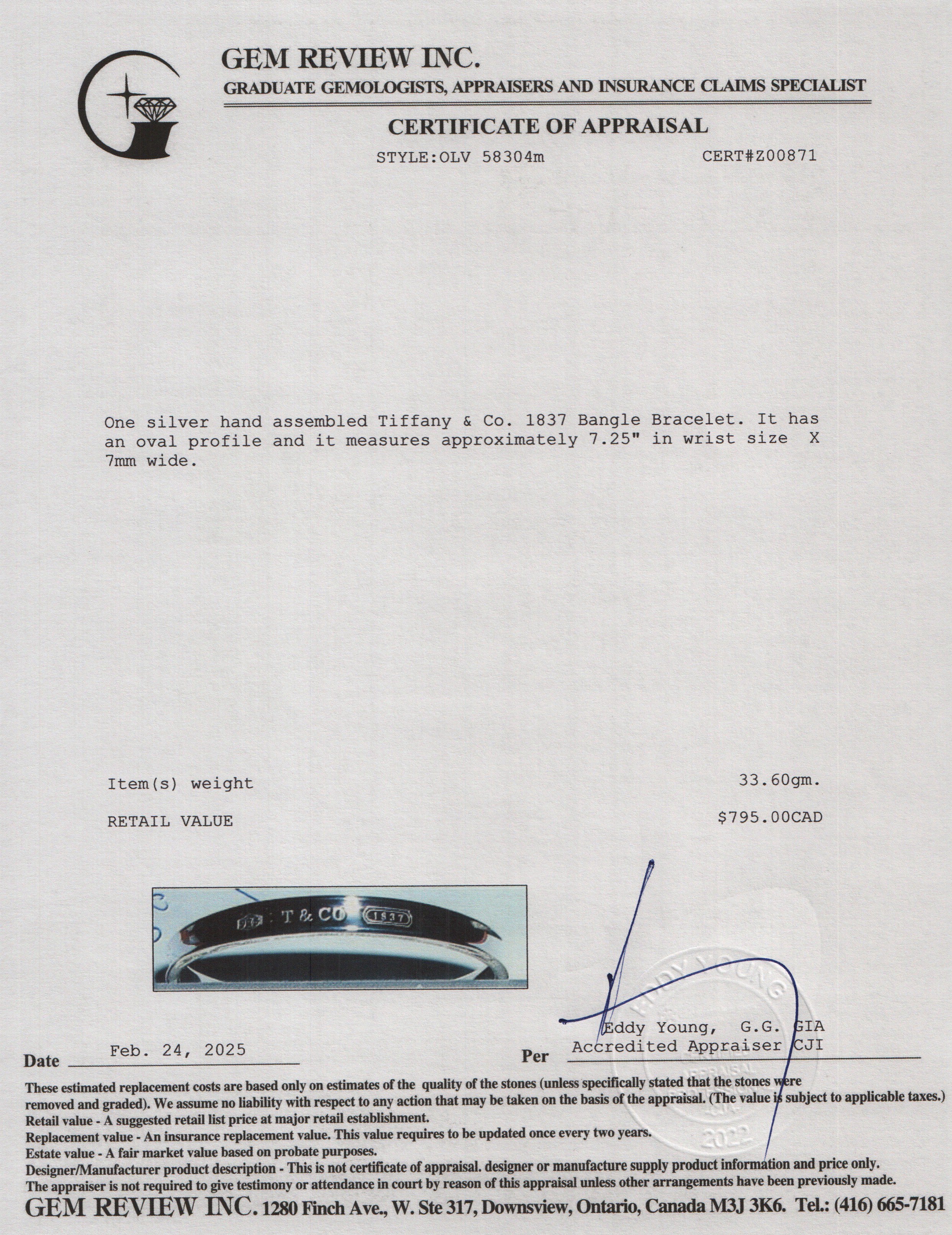 Tiffany & Co. Sterling Silver 1837 Bangle Bracelet
