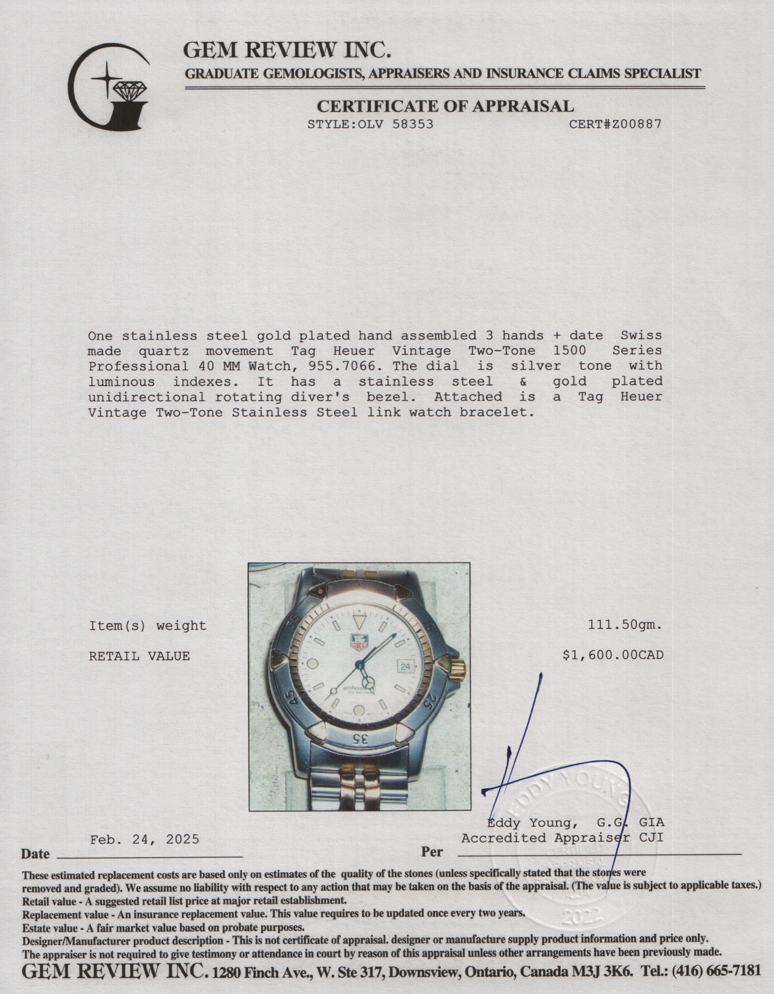 Tag Heuer Vintage Two-Tone Stainless Steel 1500 Series Professional 40 MM Watch