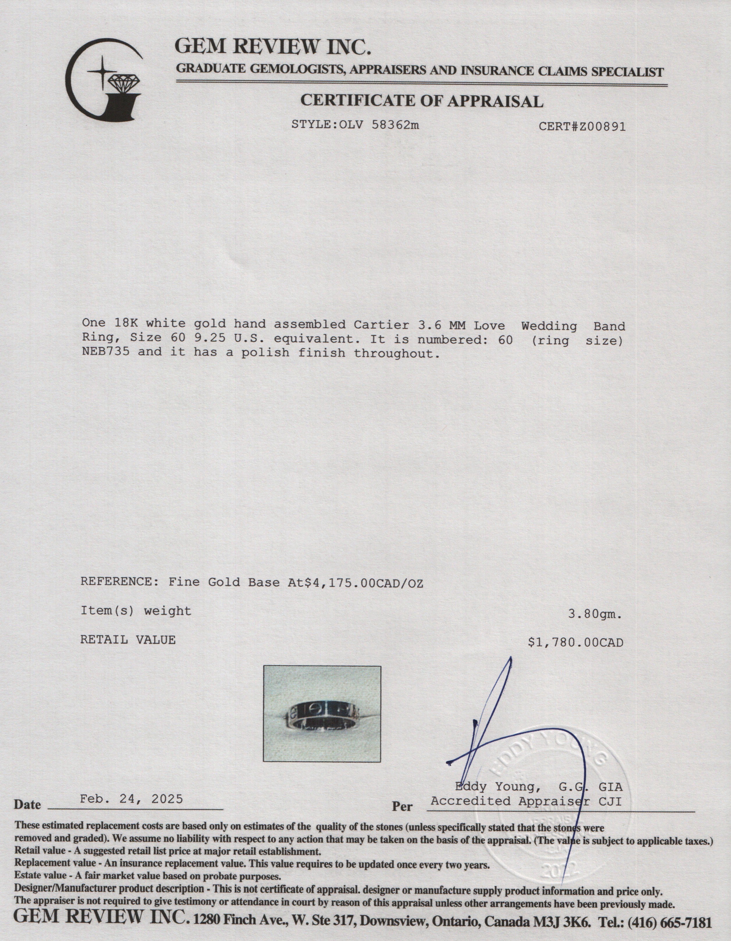 Cartier 18k White Gold 3.6 MM Love Wedding Band Ring, Size 60 9.25 w/ Box