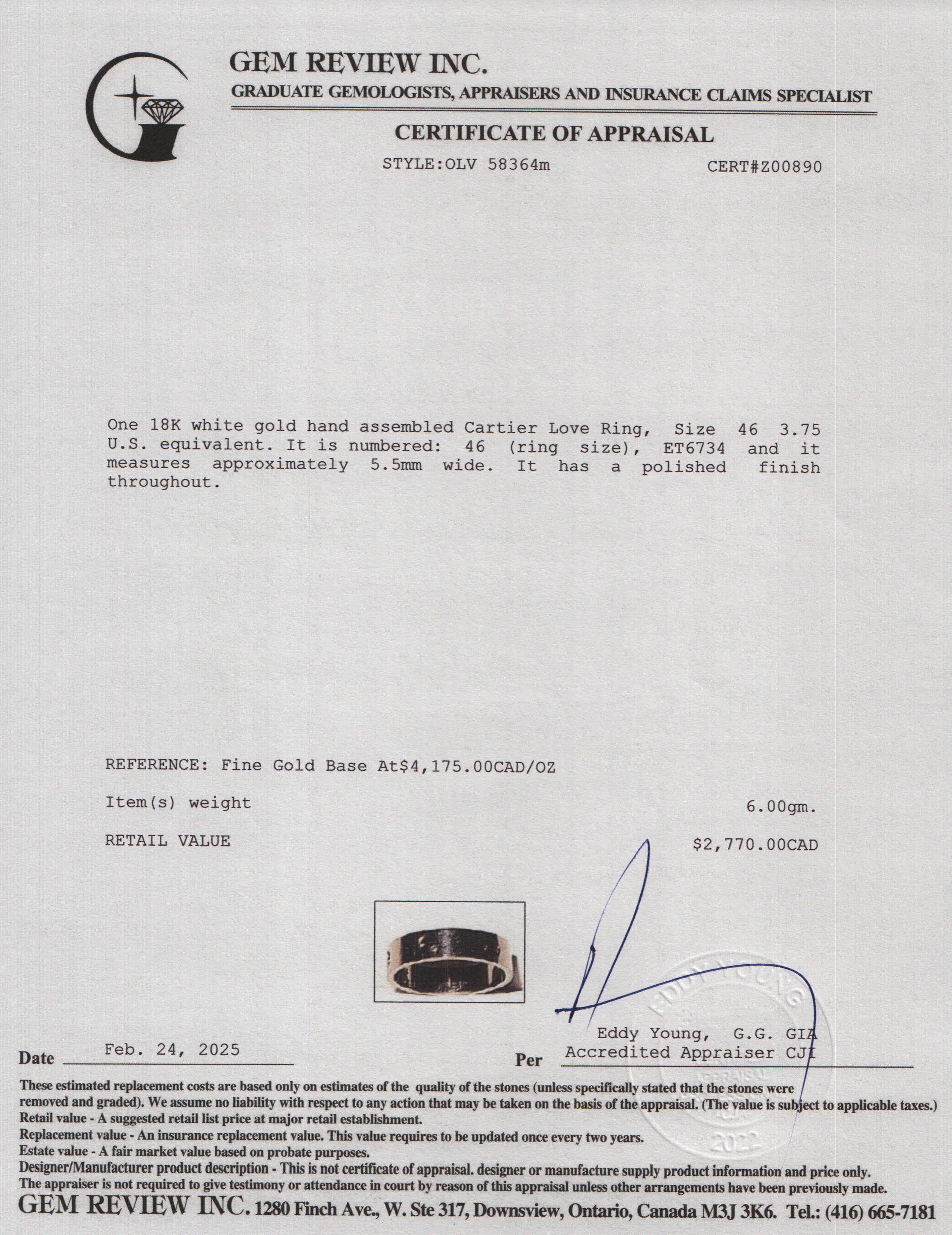 Cartier 18k White Gold 5.5 MM Love Ring, Size 46 3.75