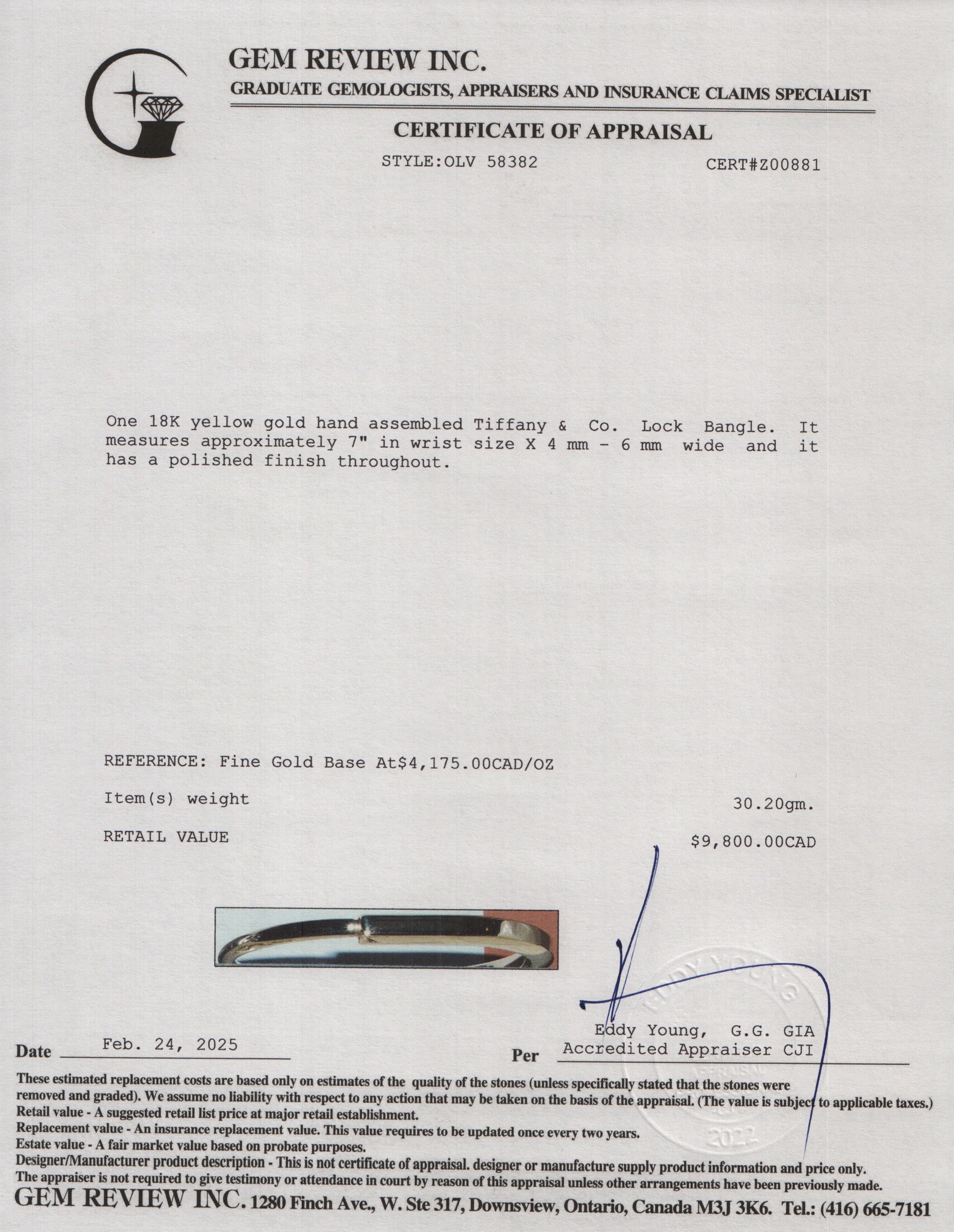 Tiffany & Co. 18k Yellow Gold Lock Bangle w/ Box