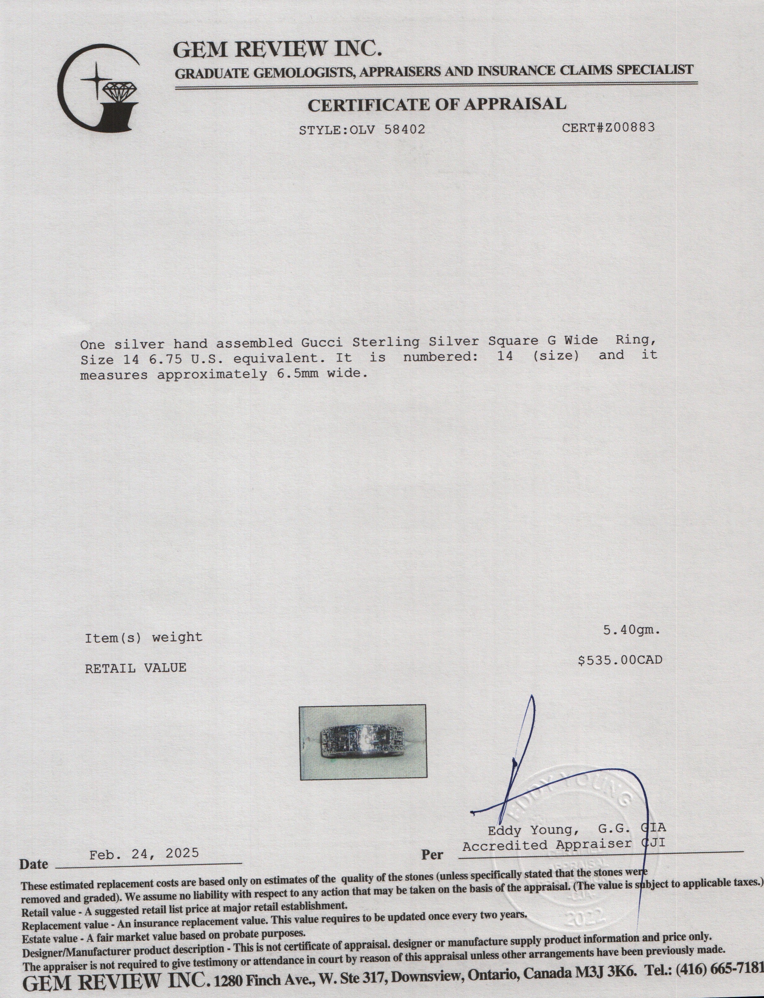 Gucci Sterling Silver Square G Wide Ring, Size 14 6.75 w/ Box