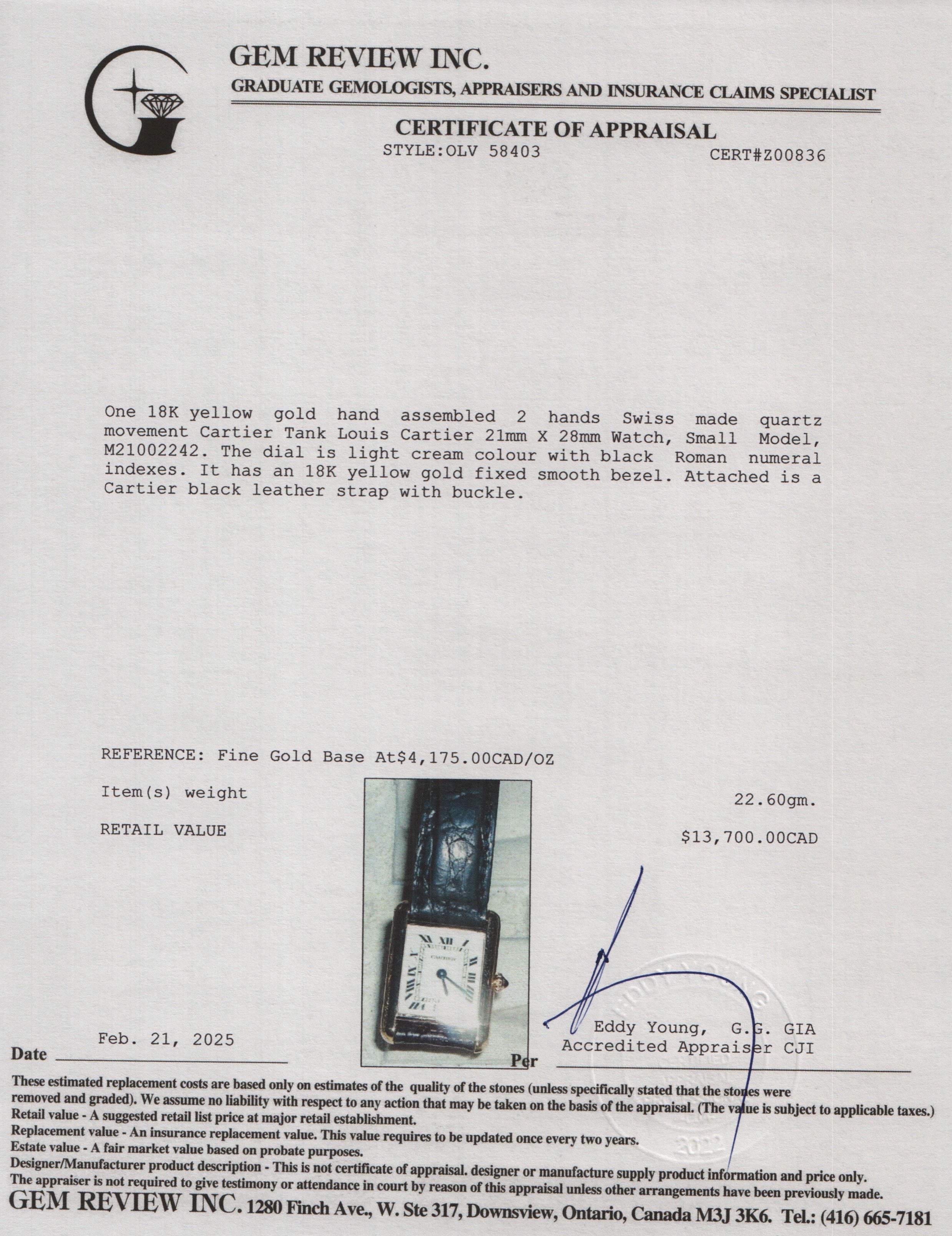 Cartier 18k Yellow Gold Tank Louis Cartier Watch, Small Model w/ Box & Papers