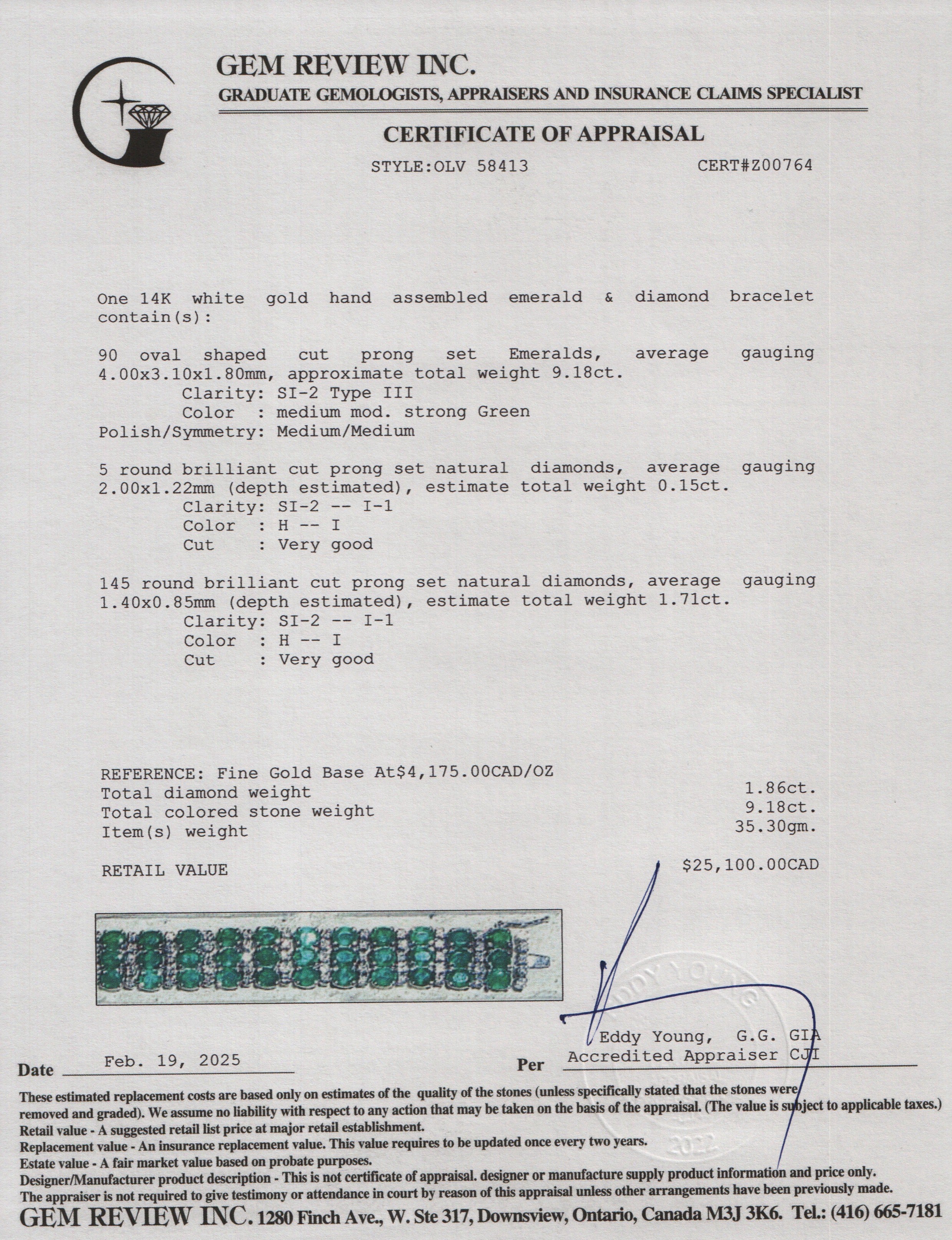 14k White Gold Emerald & Diamond Bracelet