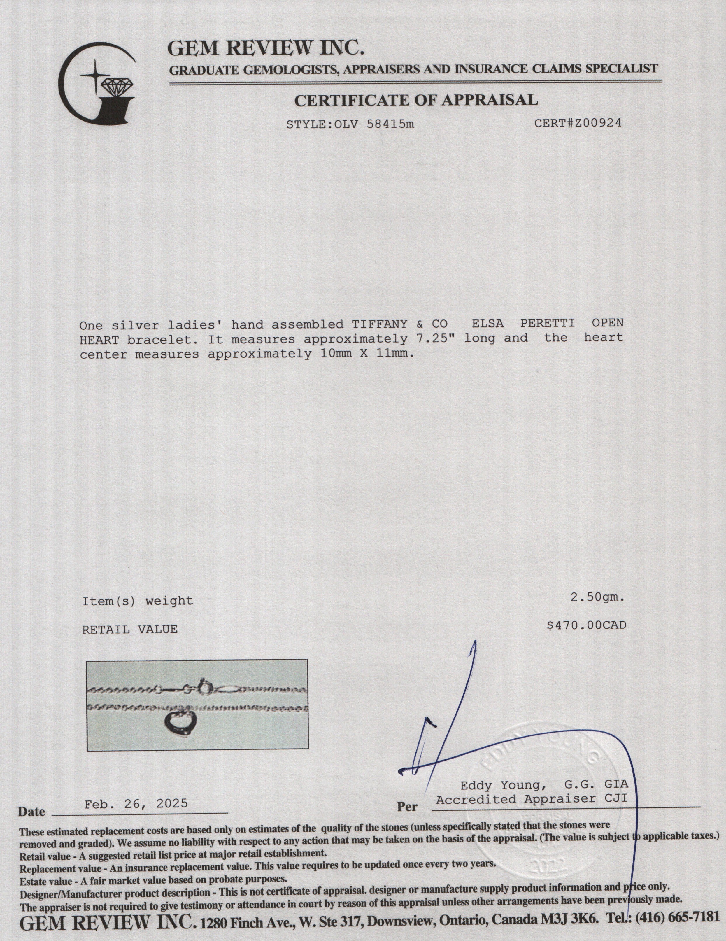 Tiffany & Co. Elsa Peretti Sterling Silver 11 MM Open Heart Bracelet