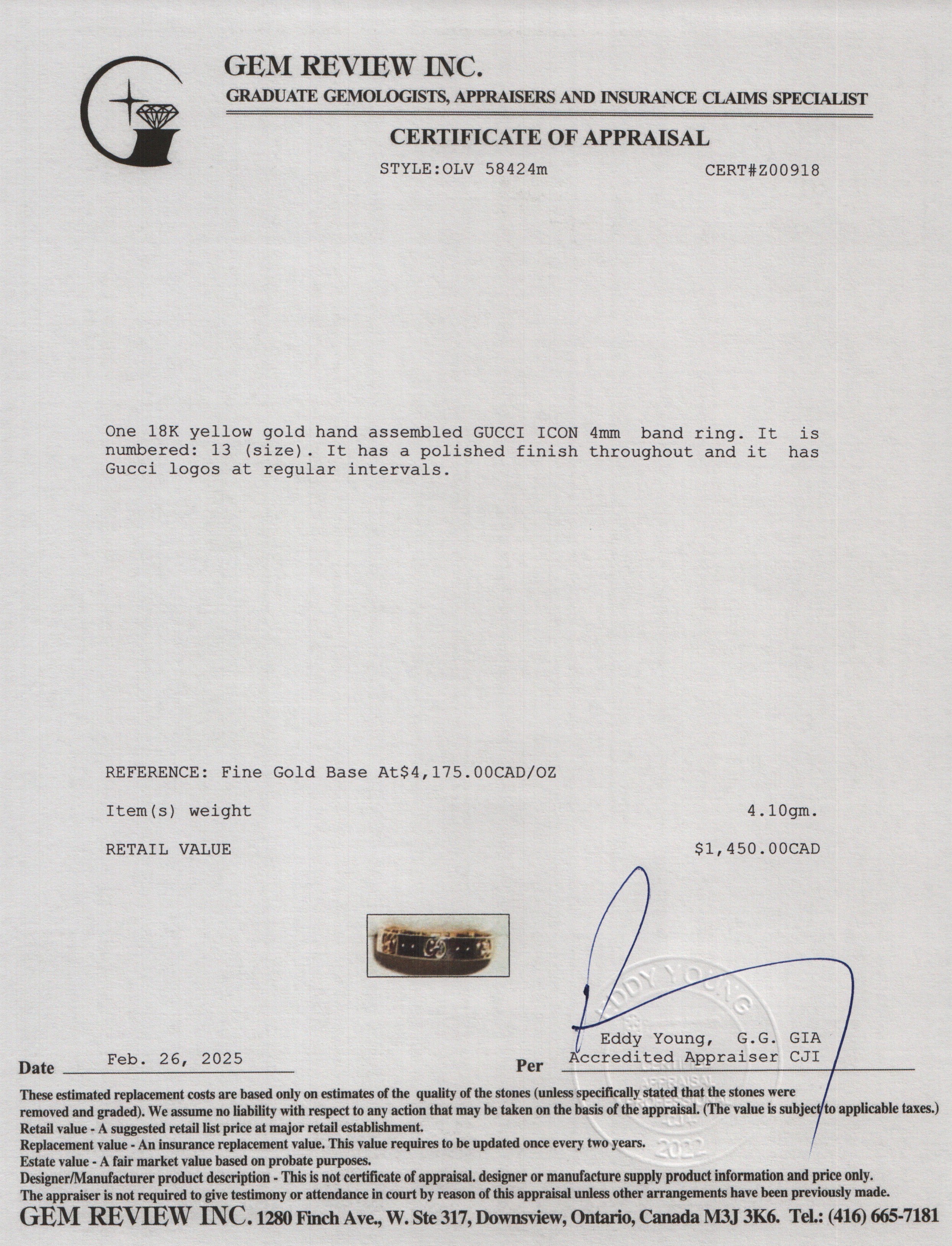 Gucci 18k Yellow Gold Icon 4 MM Thin Band Ring, Size 13 6.5