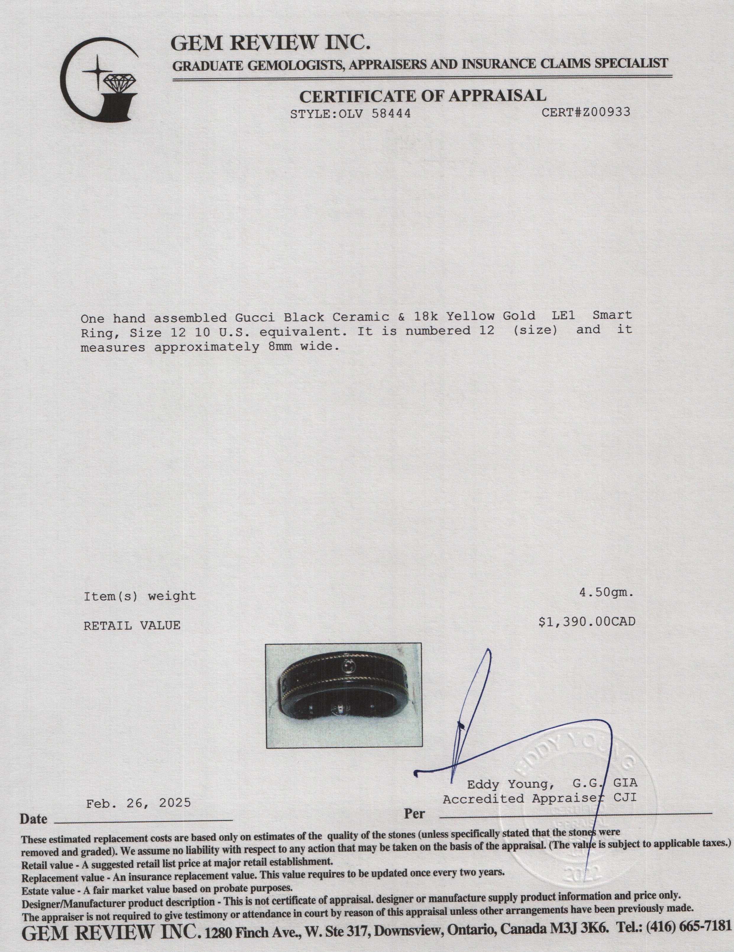 Gucci Black Ceramic & 18k Yellow Gold LE1 Smart Ring, Size 12 10 w/ Box & Charger