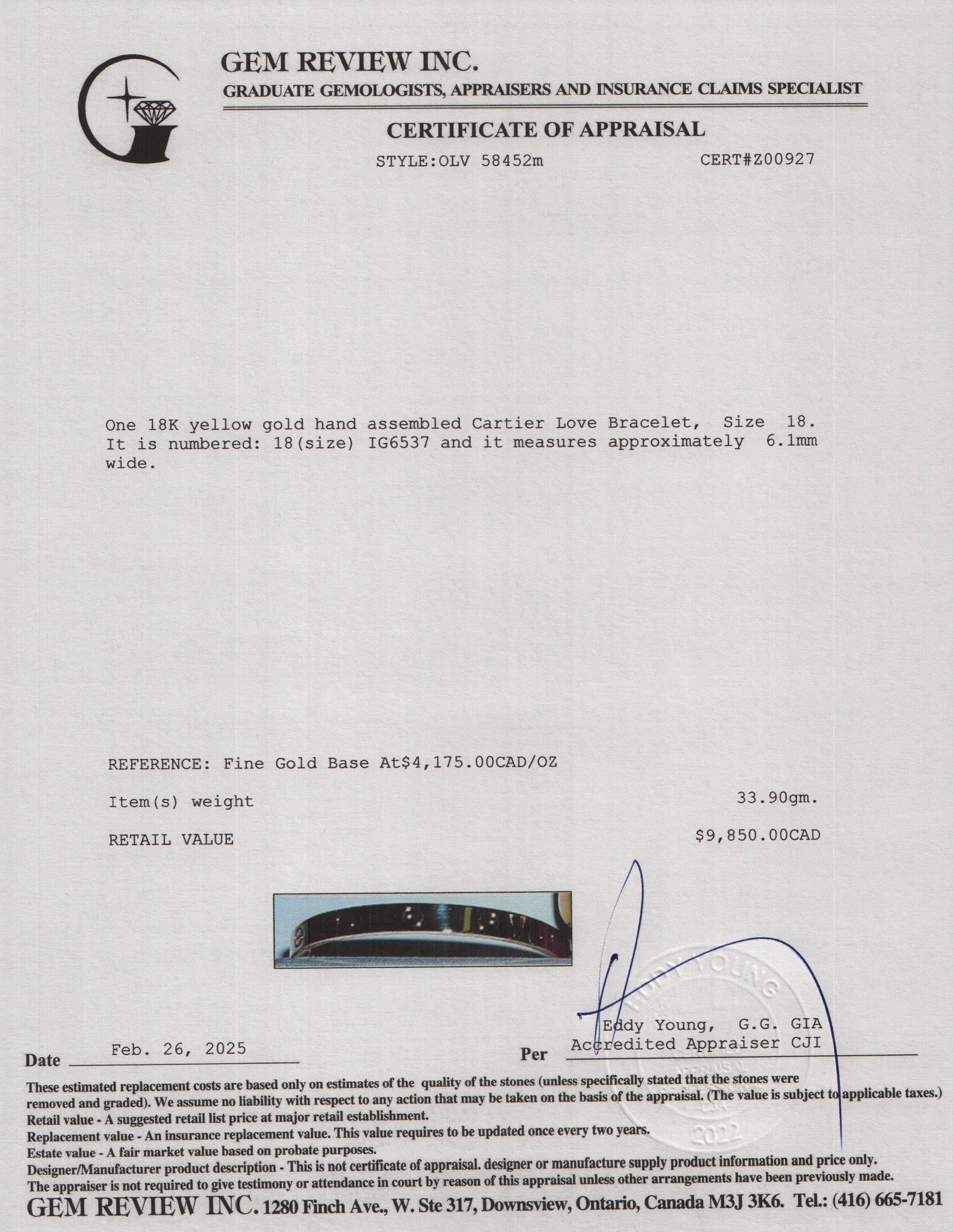 Cartier 18k Yellow Gold Love Bracelet, Size 18 w/ Box