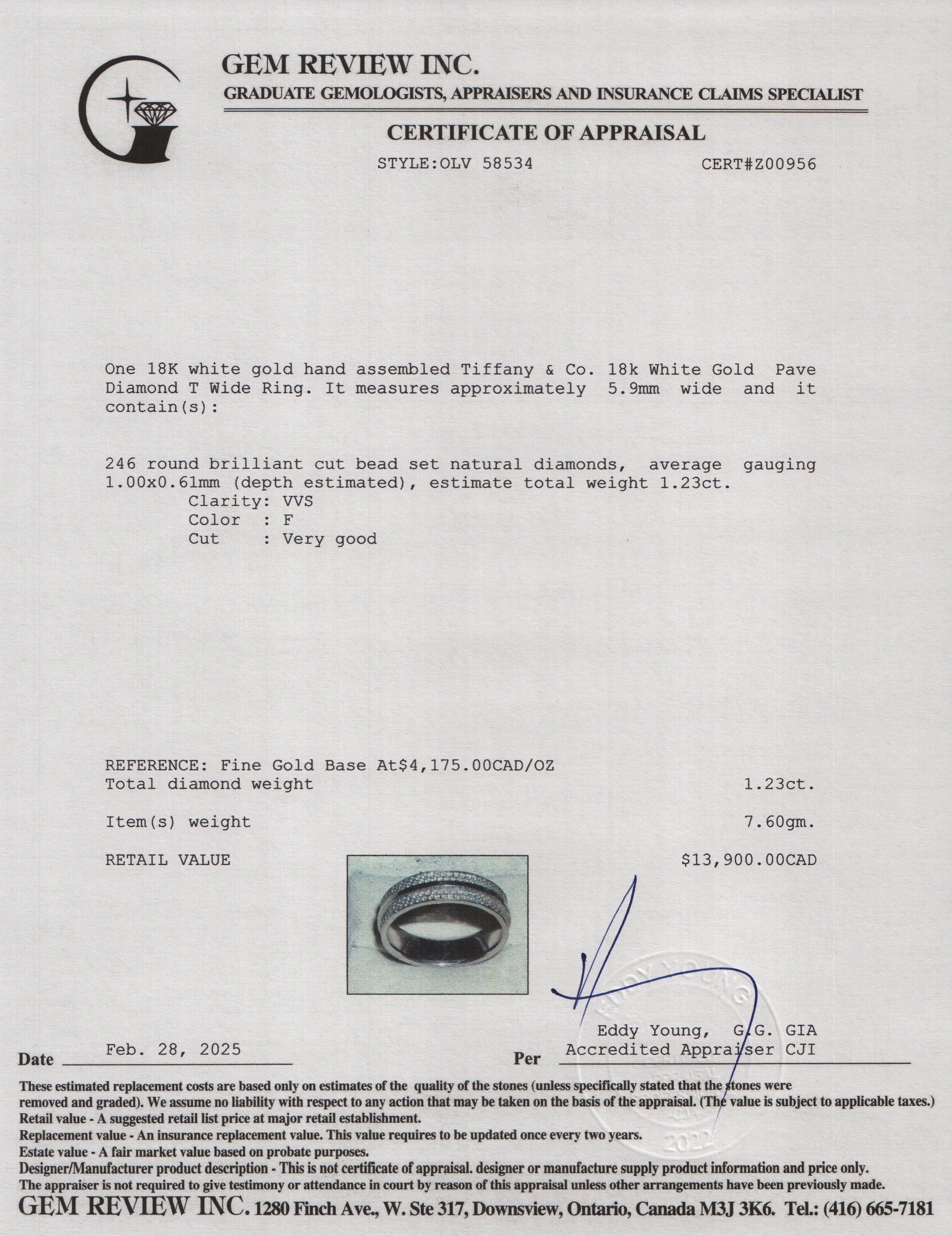 Tiffany & Co. 18k White Gold Pave Diamond T Wide Ring, Size 9.5 w/ Box