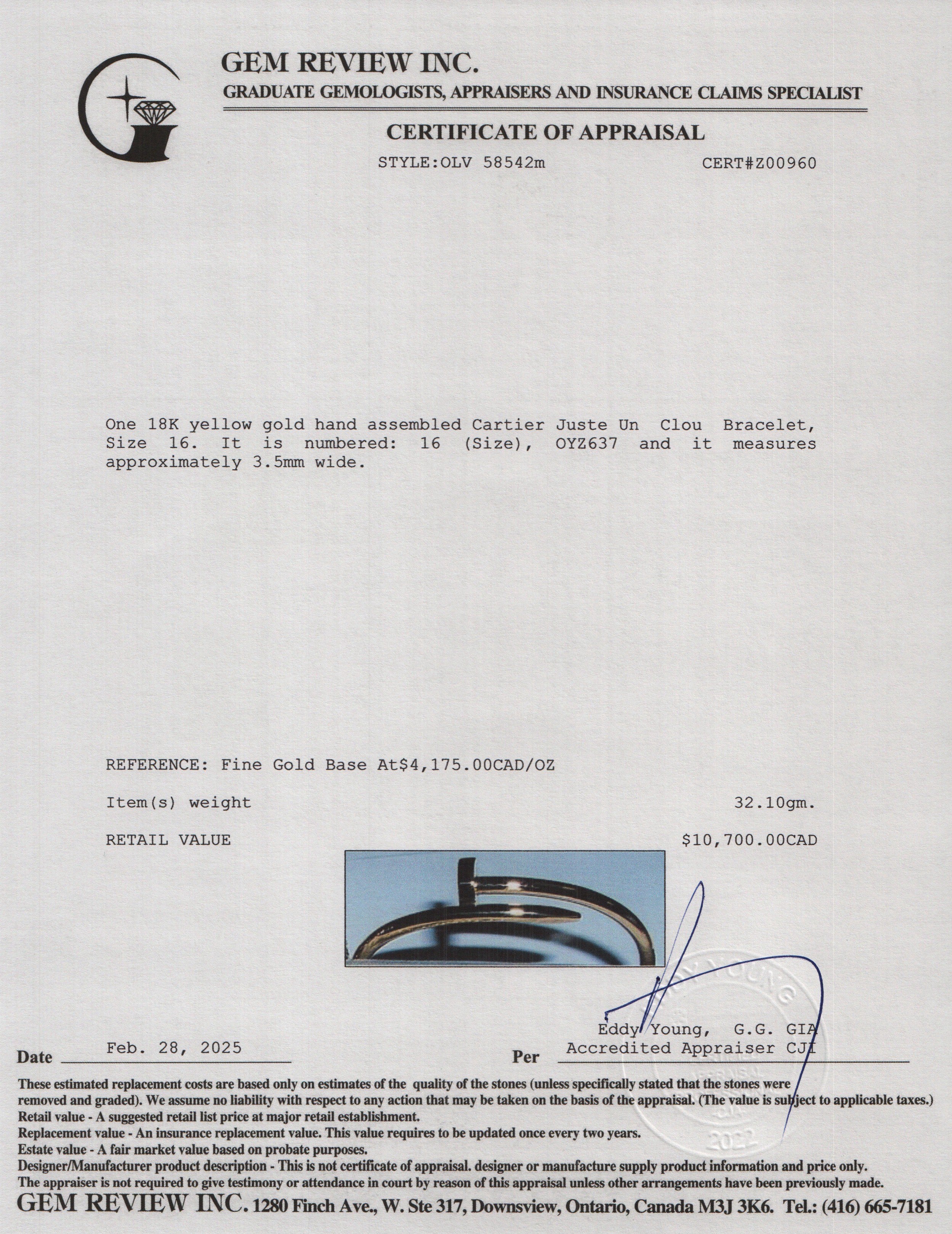 Cartier 2022 18k Yellow Gold Juste Un Clou Bracelet, Size 16 w/ Box & Receipt