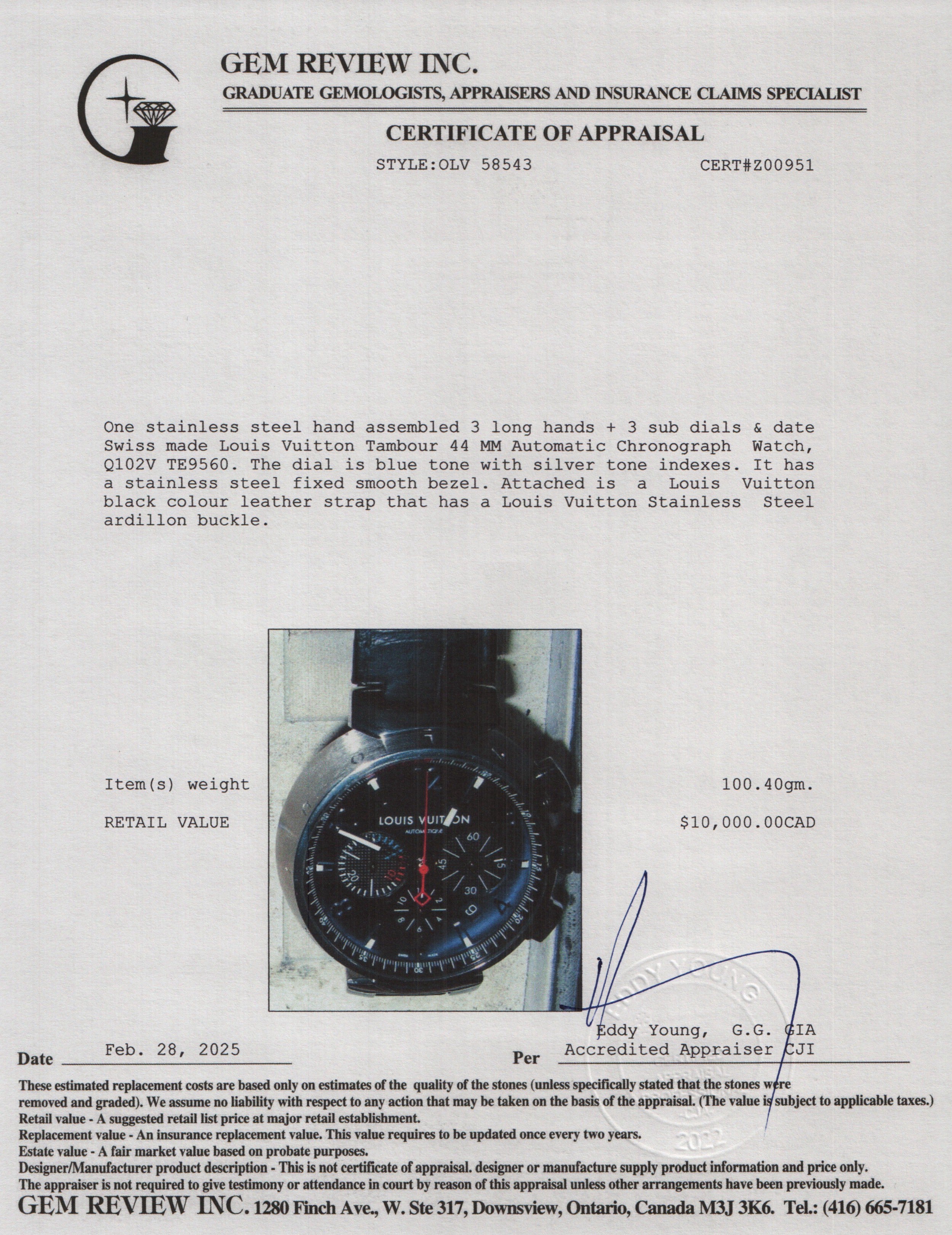 Louis Vuitton Stainless Steel Tambour 44 MM Automatic Chronograph Watch Q102V