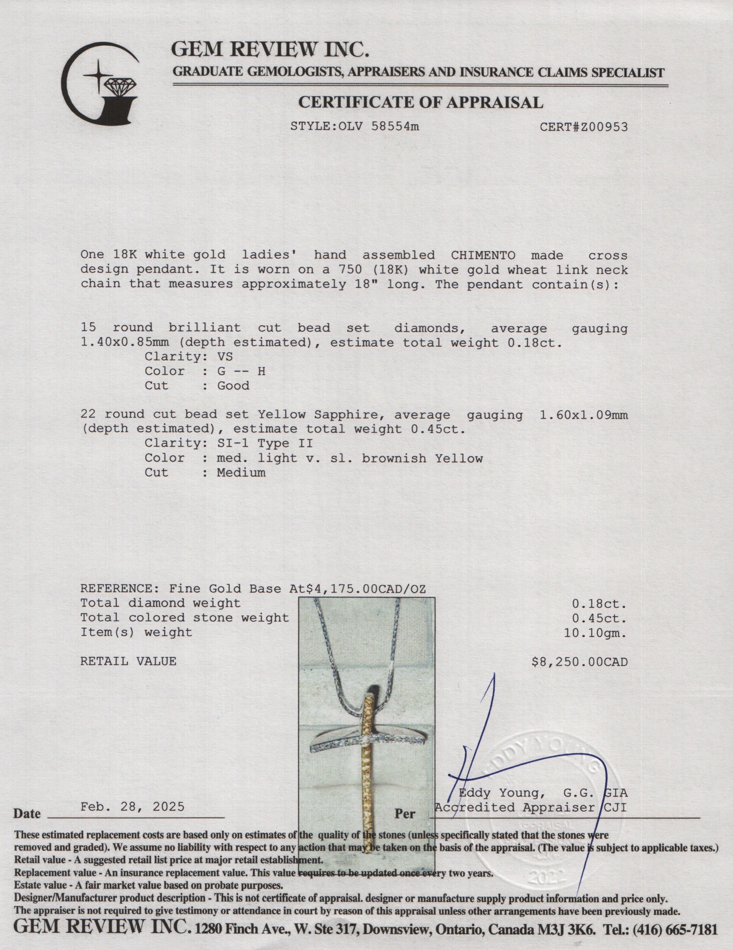 Chimento 18k White Gold Yellow Sapphire & Diamond Cross Pendant Necklace