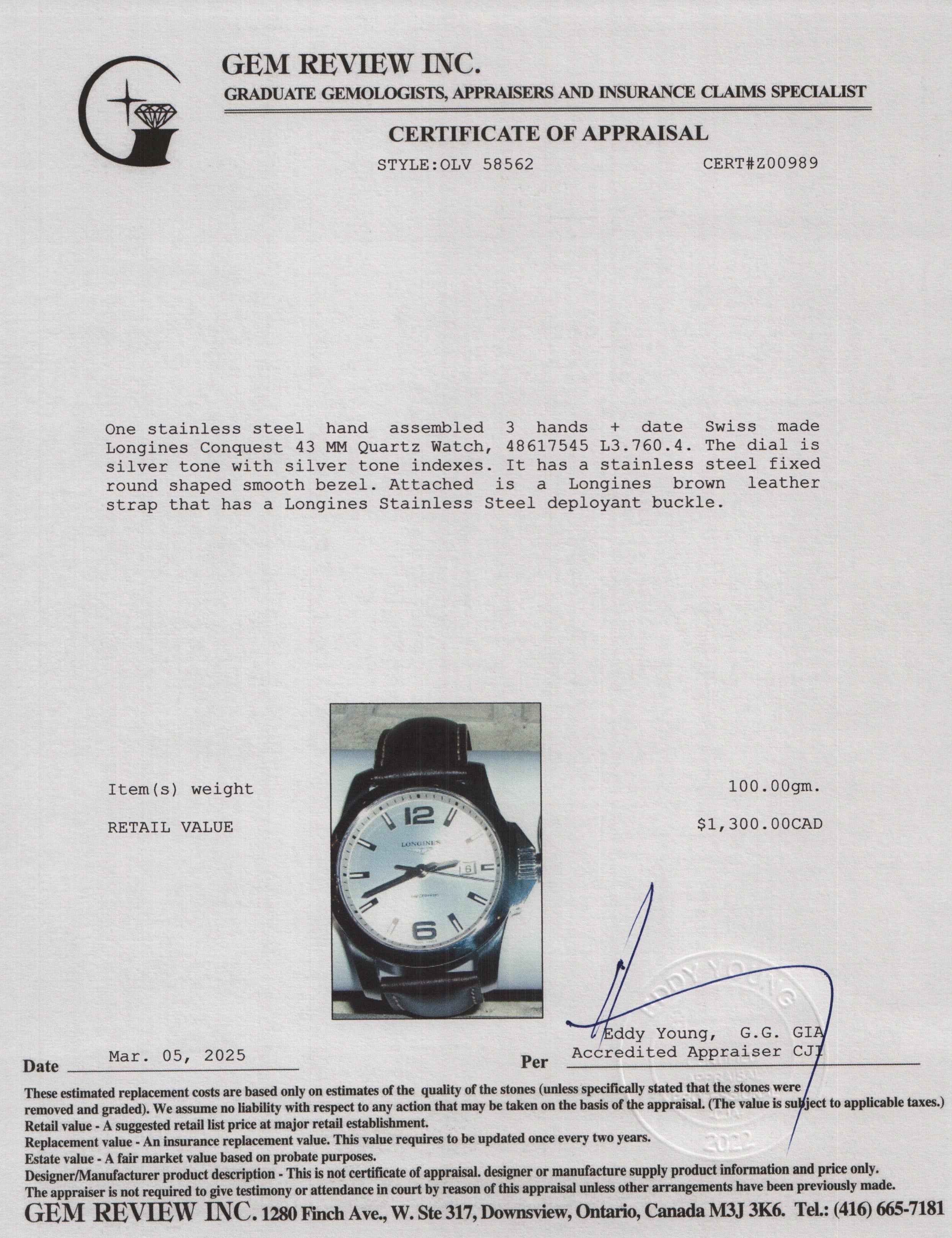 Longines Stainless Steel Conquest 43 MM Quartz Watch w/ Box