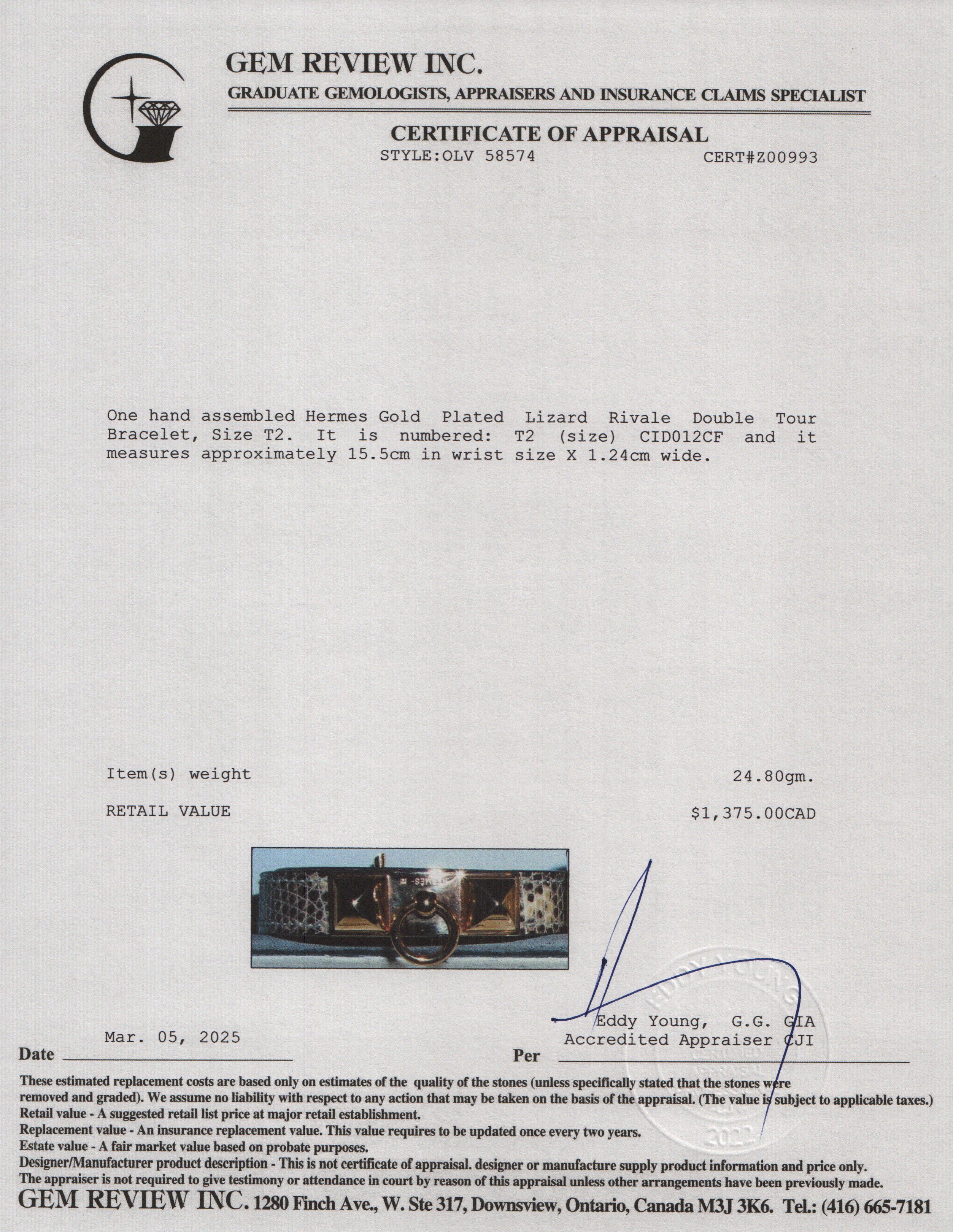 Hermes Gold Plated Lizard Rivale Double Tour Bracelet, Size T2